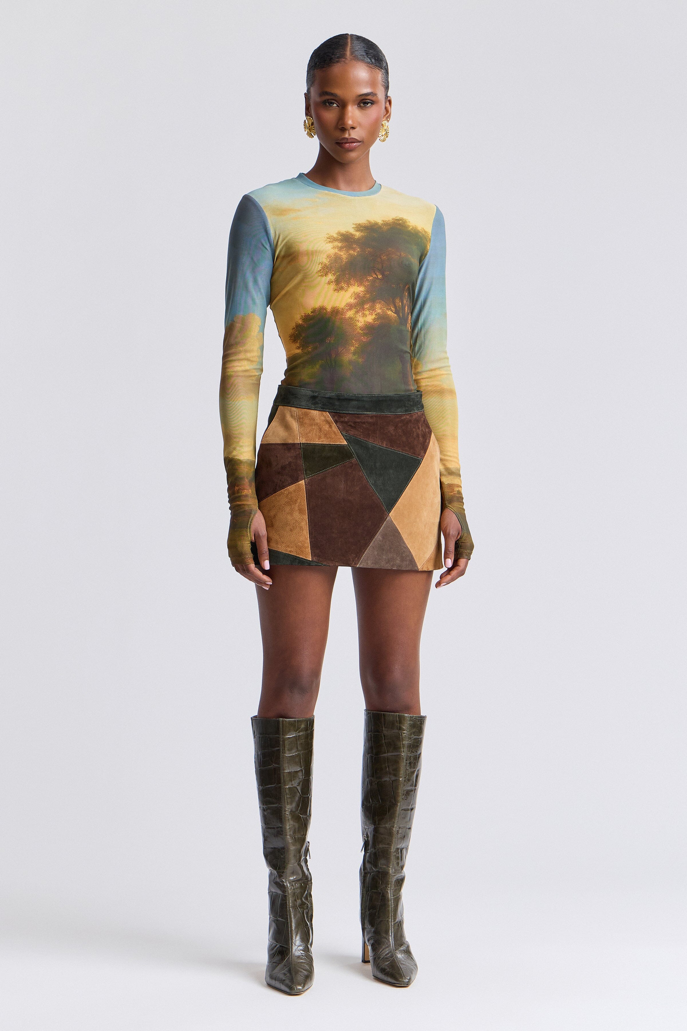 Mini genuine suede patchwork skirt with front pockets and fitted waist - Shop women's mini skirts by Avec Les Filles.