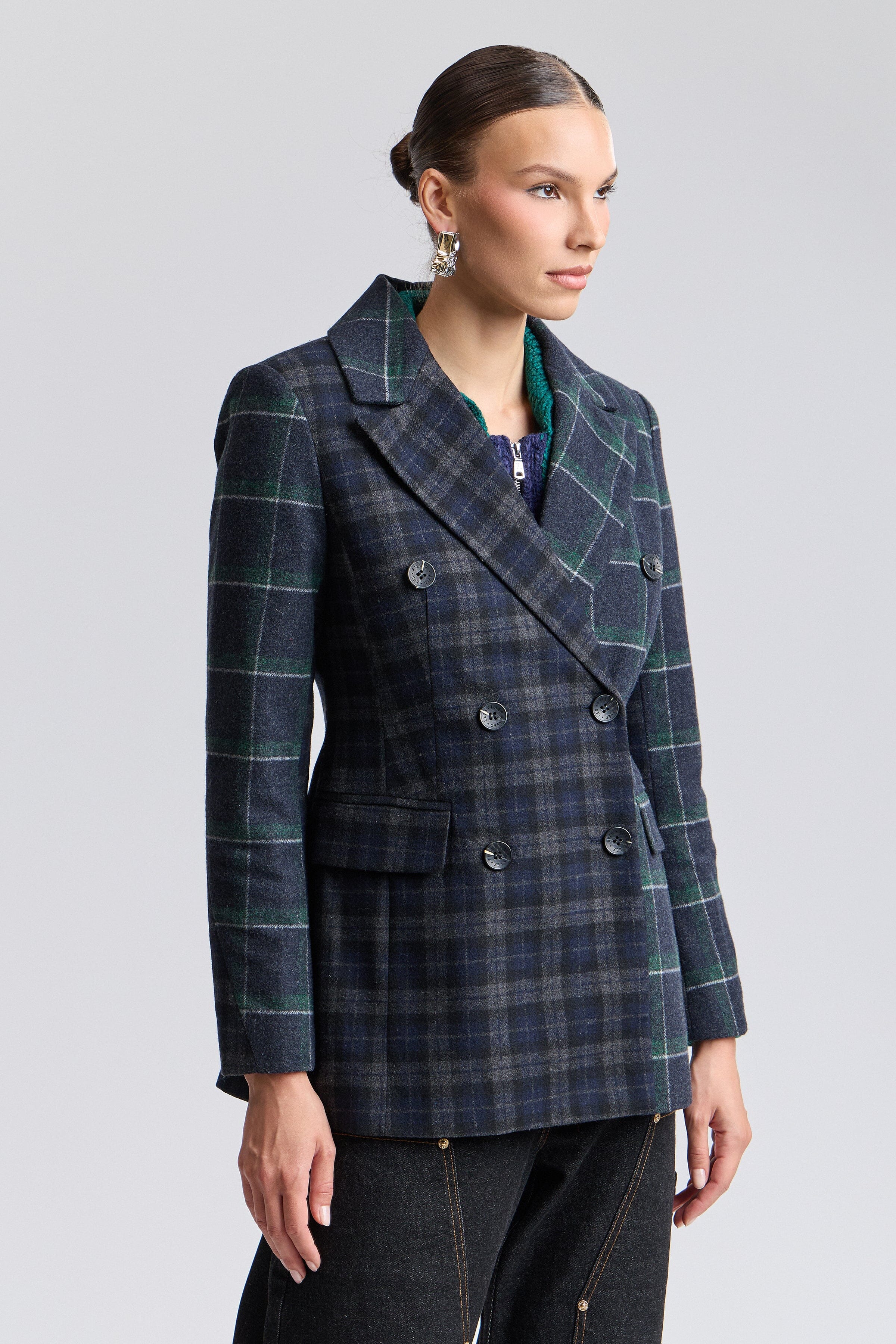 Double-breasted button-front blue plaid blazer with long sleeves - Shop womens plaid blazer jackets by Avec Les Filles.