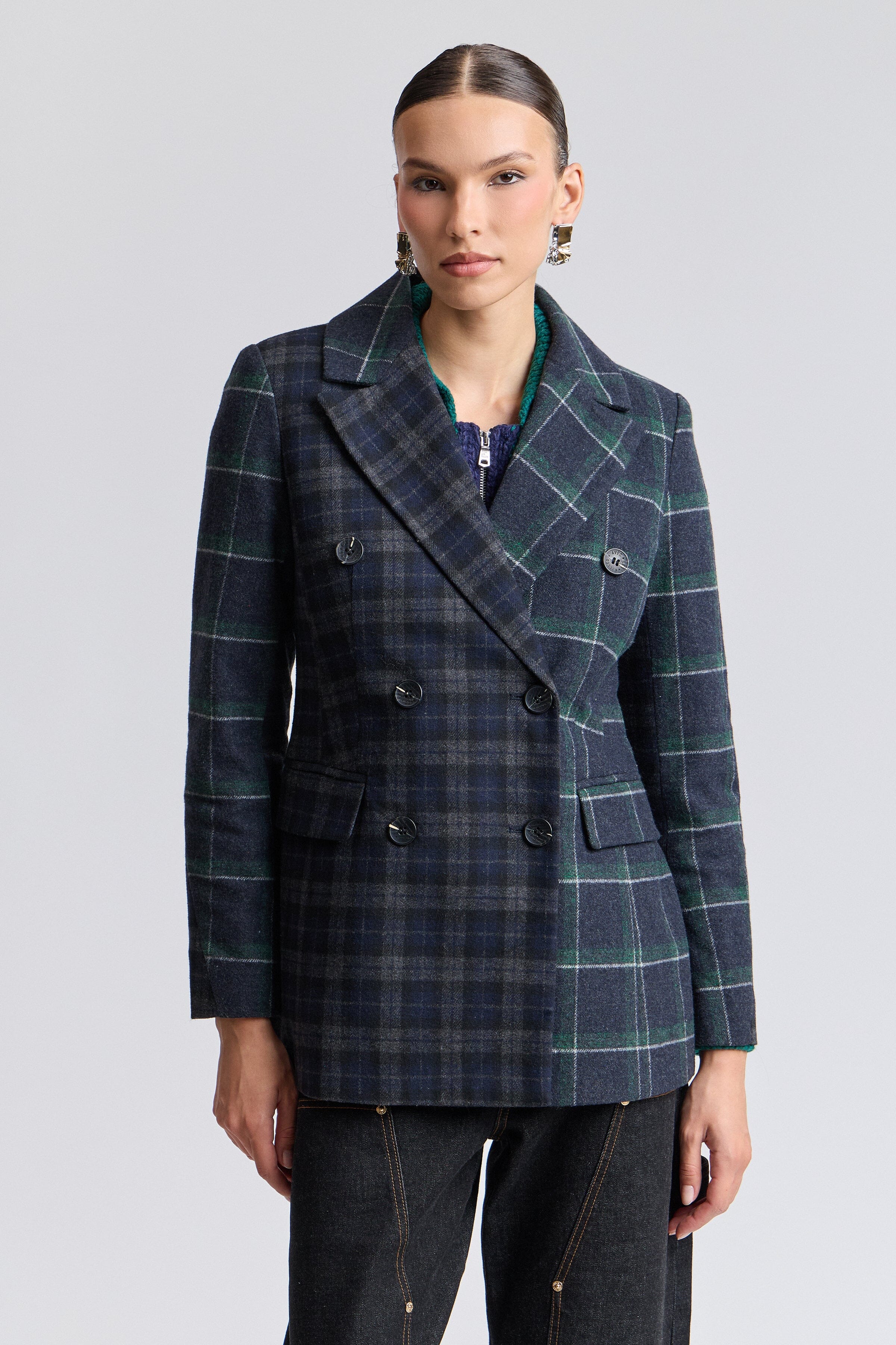Double-breasted button-front blazer womens plaid with long sleeves - Shop plaid blazer jackets by Avec Les Filles.