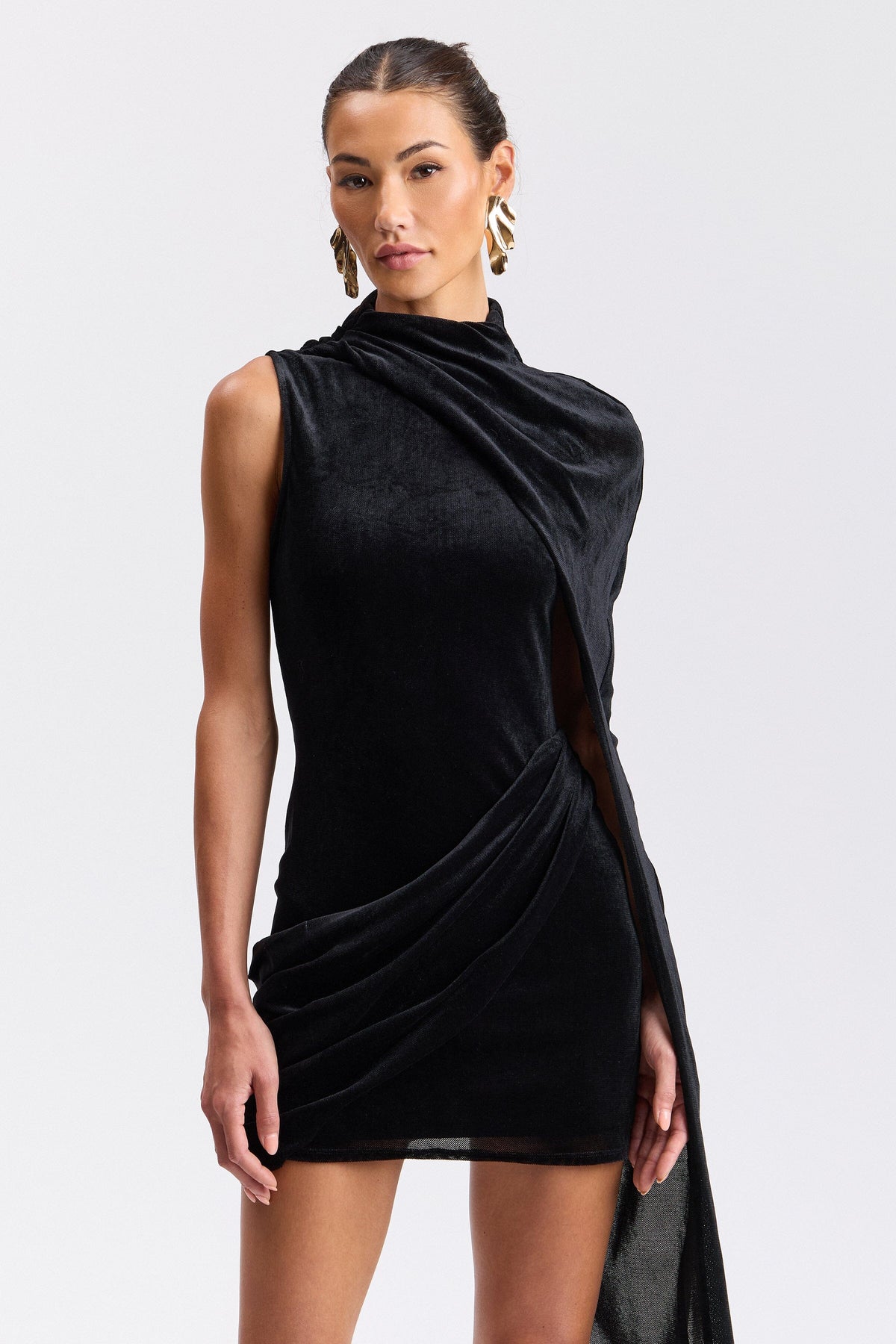 Draped sleeveless black cape dress with a mock-neck collar - Shop women's cute mini dresses by Avec Les Filles.