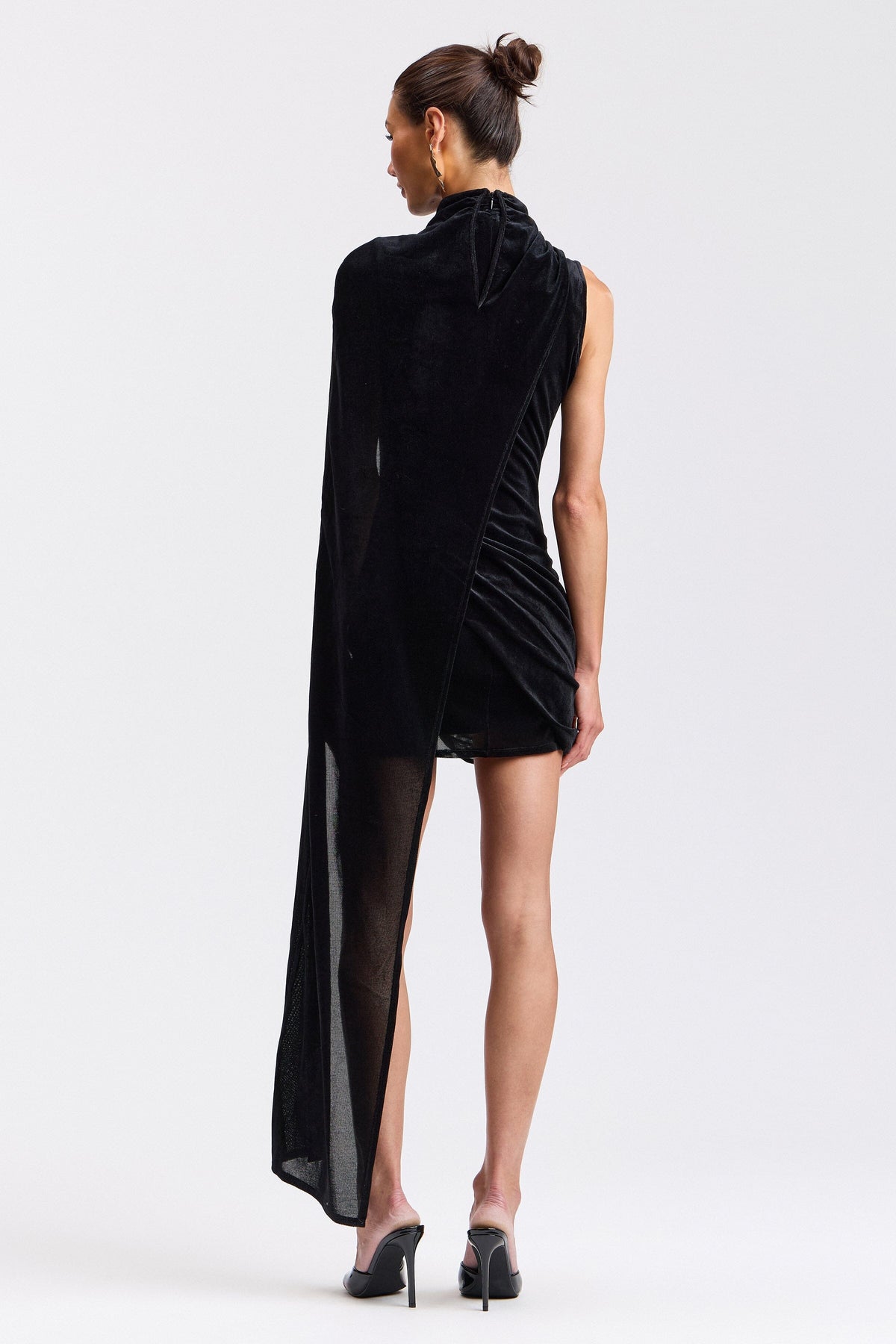 Draped sleeveless black cape mini dress with a mock-neck collar - Shop women's cute mini dresses by Avec Les Filles.