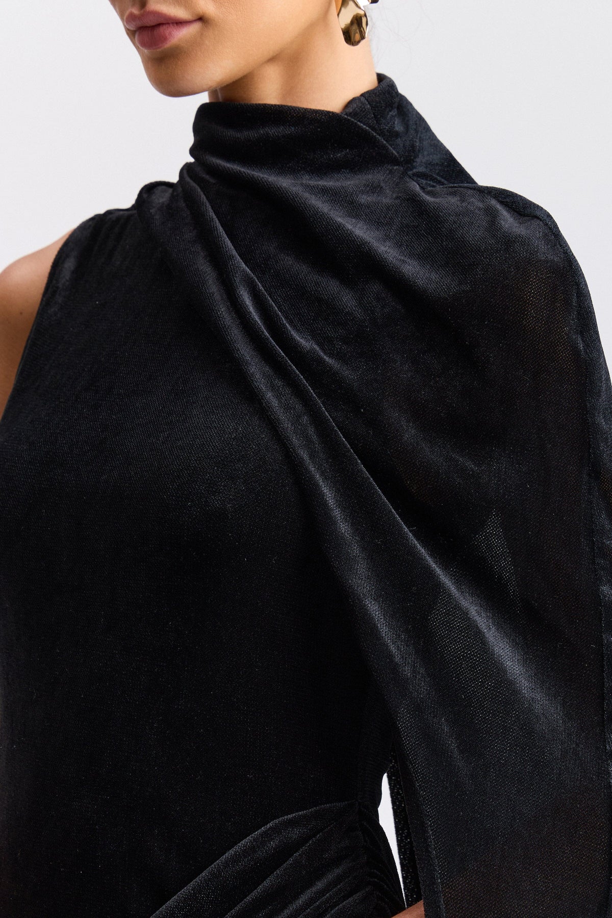 Stretch-knit, draped black cape dress with a mock-neck collar - Shop cute mini dresses by Avec Les Filles.