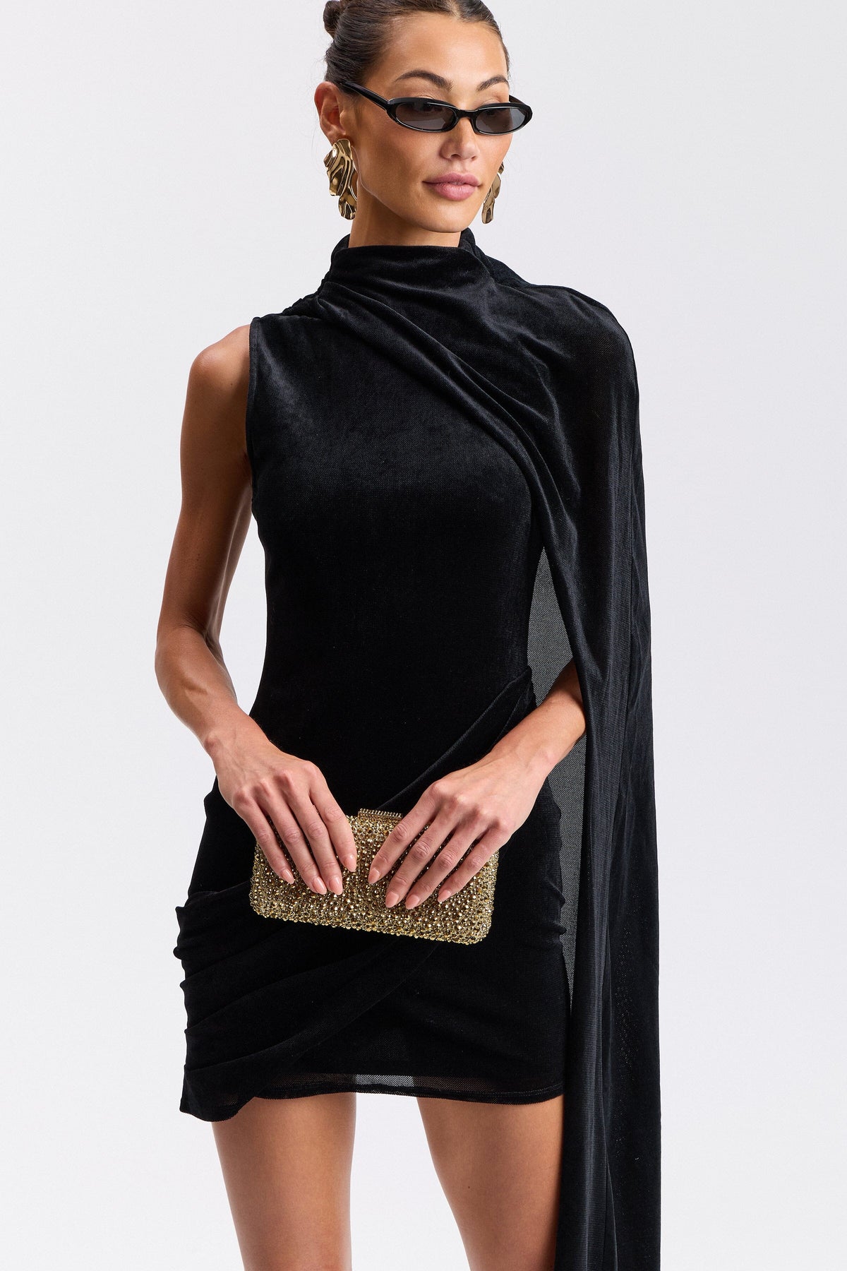 Draped sleeveless mini black dress with a mock-neck collar - Shop women's cute mini dresses by Avec Les Filles.