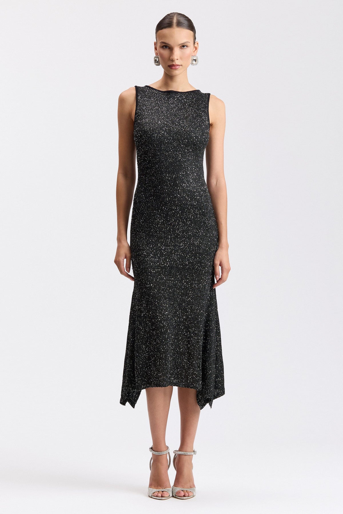 Black asymmetric sequin sweater dress with boat neck - Shop evening midi dresses by Avec Les Filles.