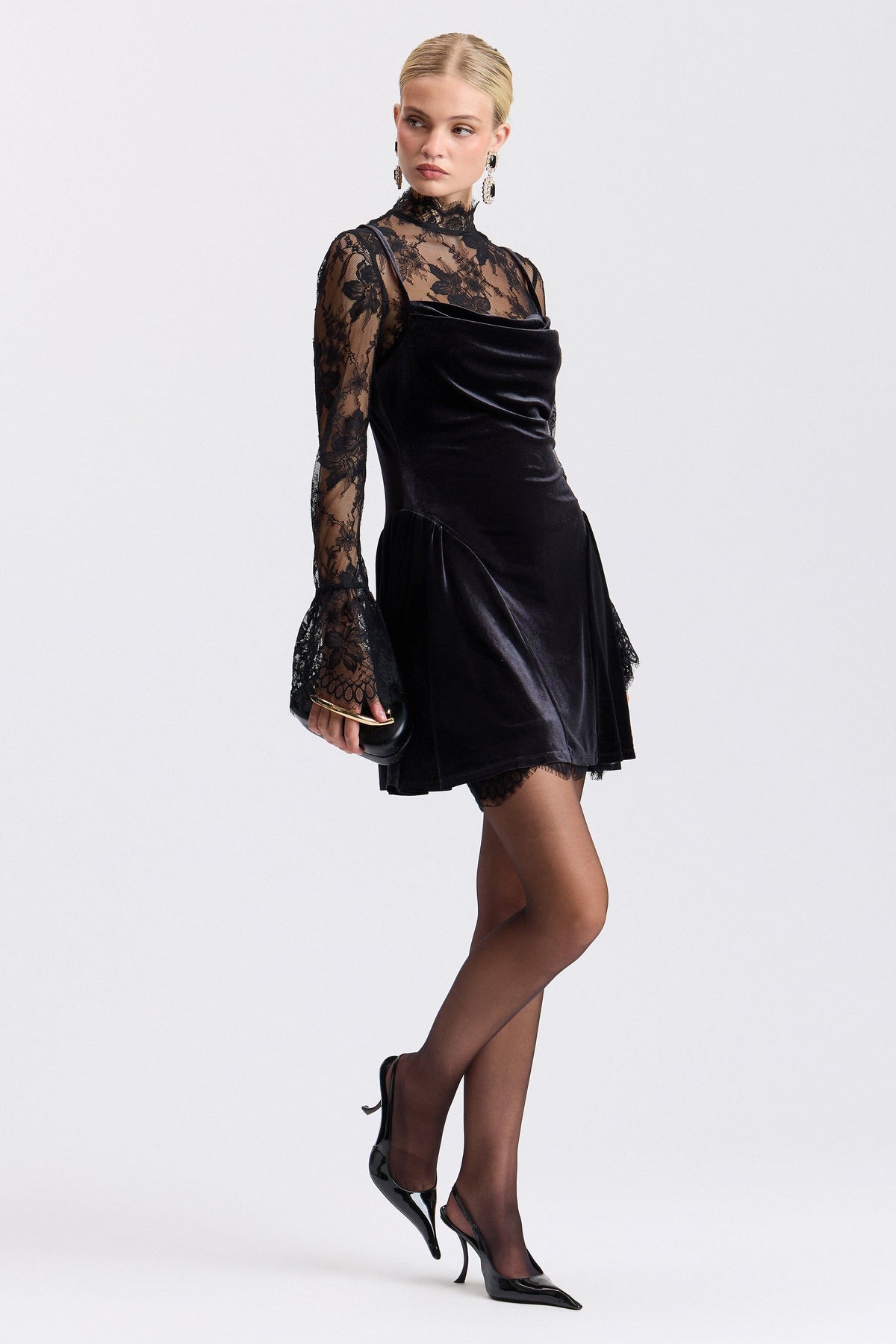 Black mini velvet lace dress with a high mock neck and flared sleeves - Shop cute mini dresses by Avec Les Filles.