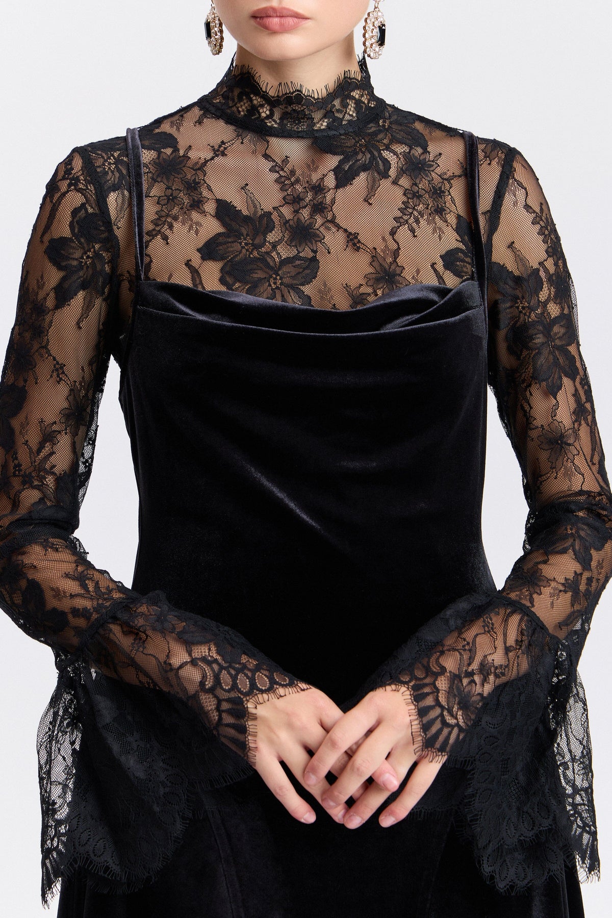Black velvet short dress with a high mock neck and flared sleeves - Shop cute mini dresses by Avec Les Filles.