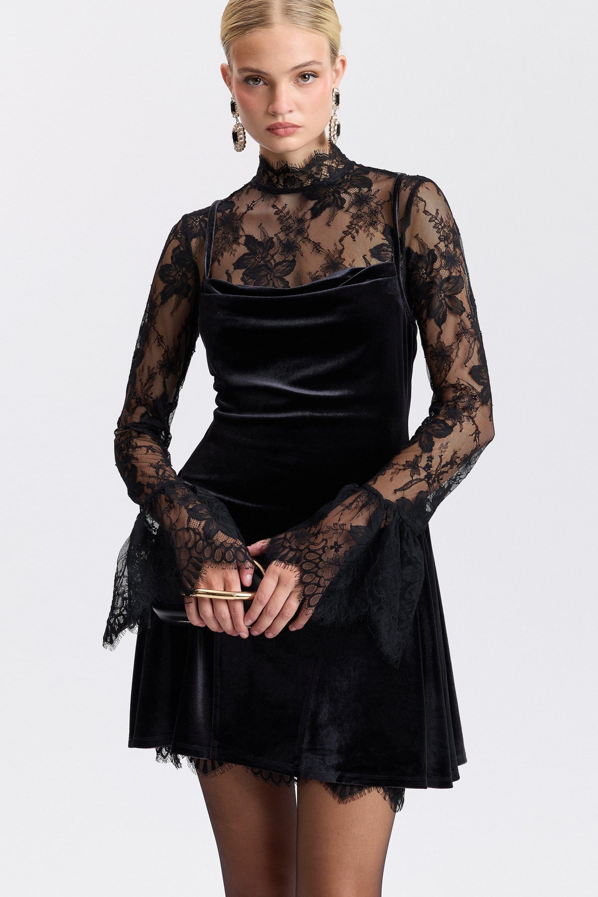 Black velvet mini dress with a high mock neck - Shop women's cute mini dresses by Avec Les Filles.