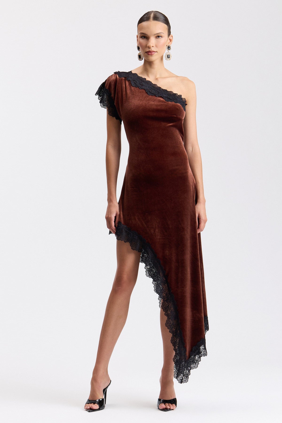 Brown velvet dress with an asymmetrical one-shoulder neck - Shop women's brown maxi dresses by Avec Les Filles.