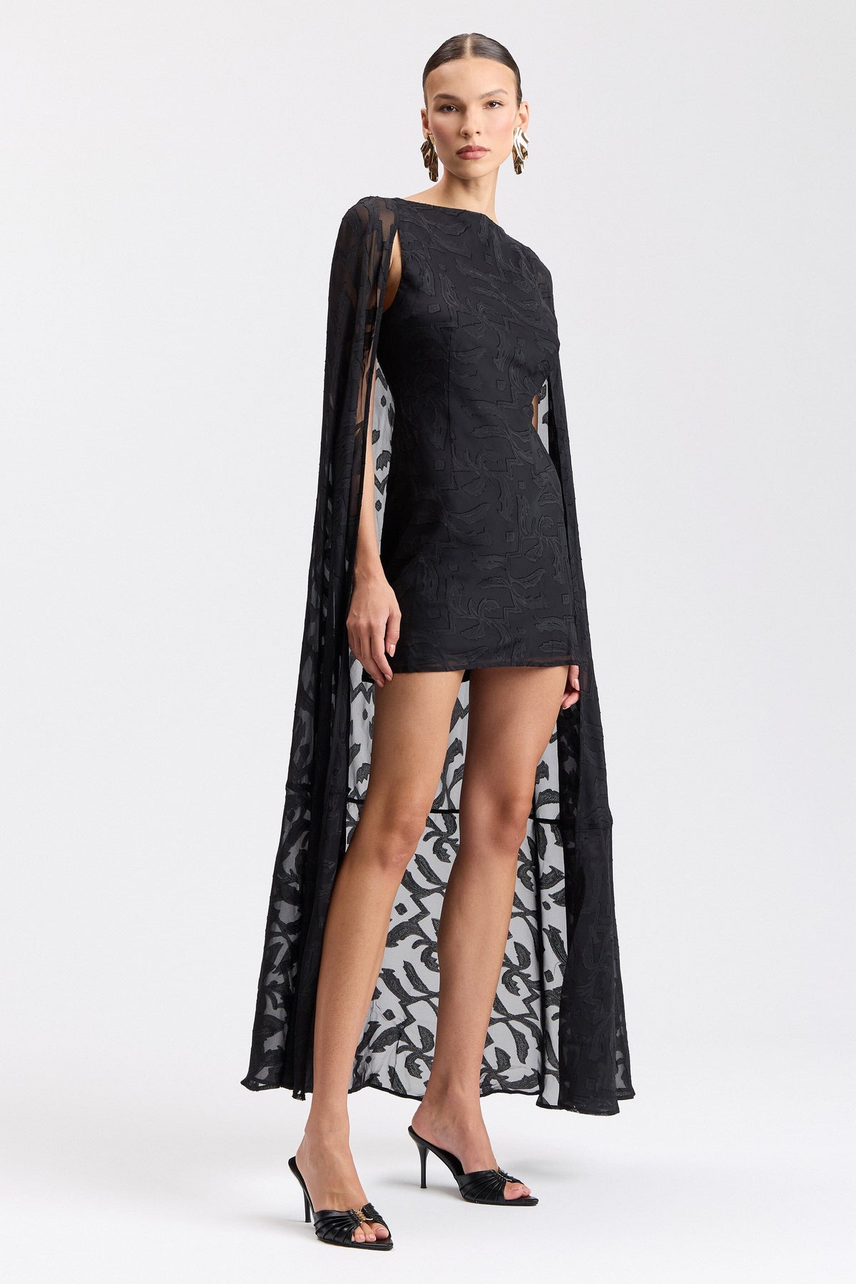 Chiffon jacquard sleeveless short black dress and round neck - Shop cute mini cape dresses by Avec Les Filles.
