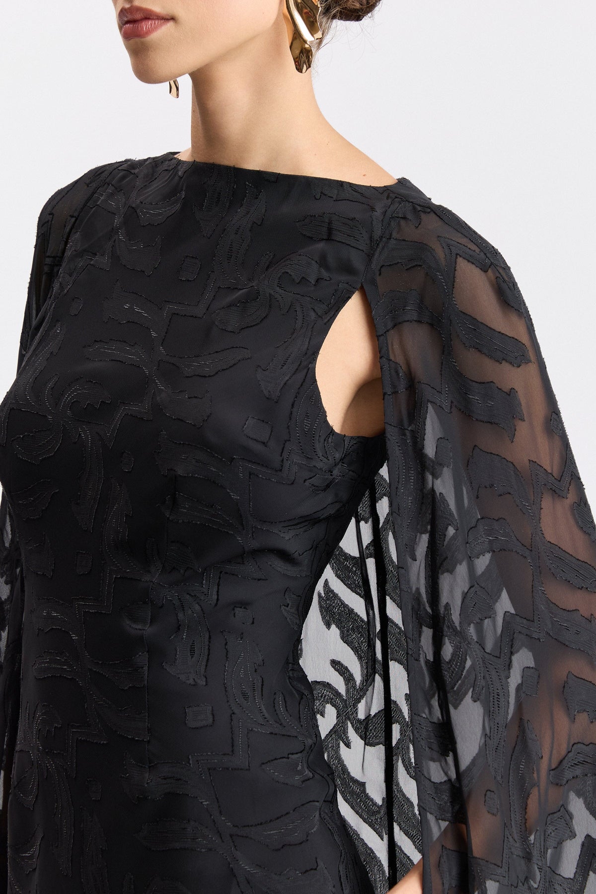 Jacquard sleeveless black chiffon dress with cape and round neck - Shop cute mini cape dresses by Avec Les Filles.