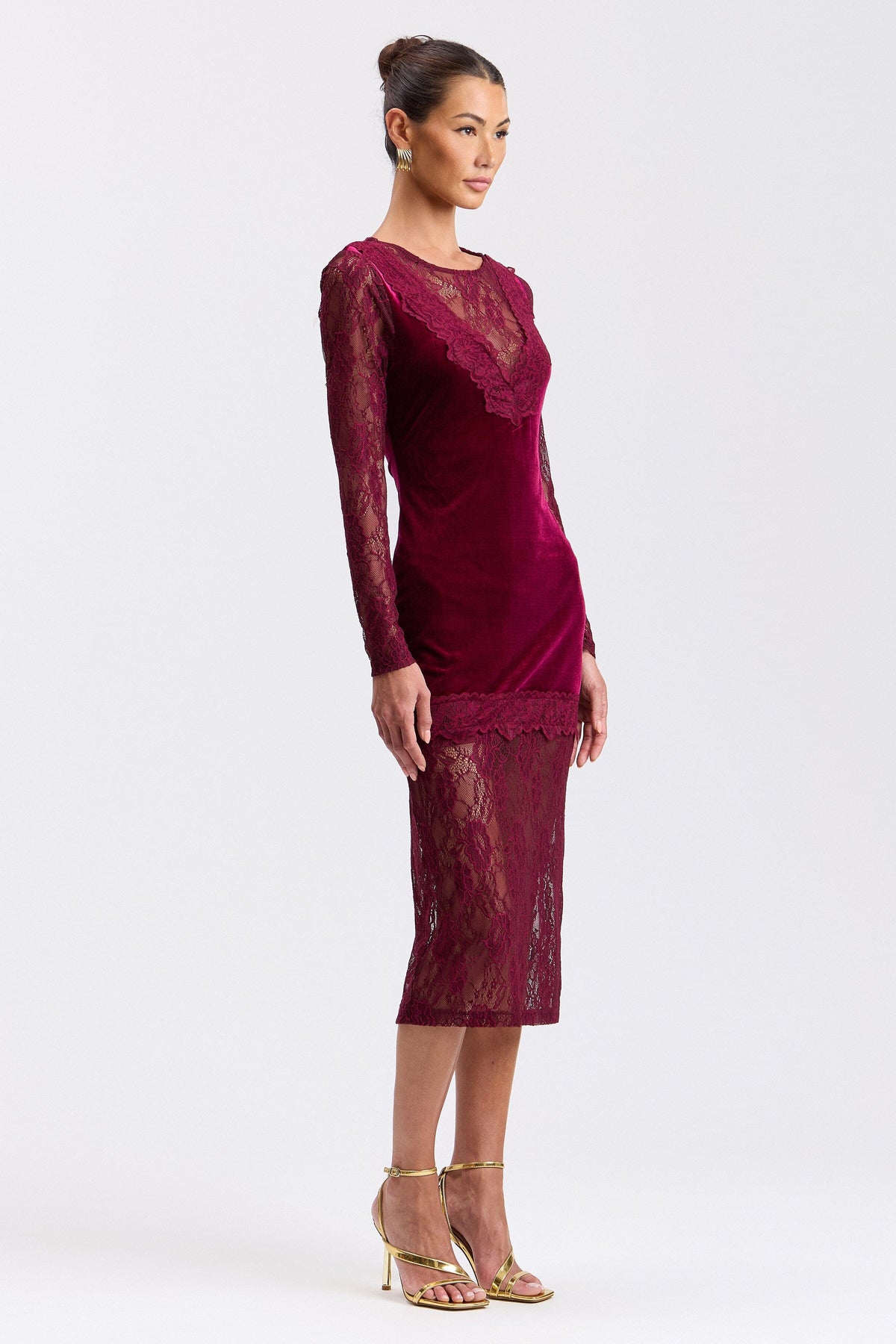Burgundy long sleeve lace dress with V-neck - Shop designer dresses red velvet by Avec Les Filles.