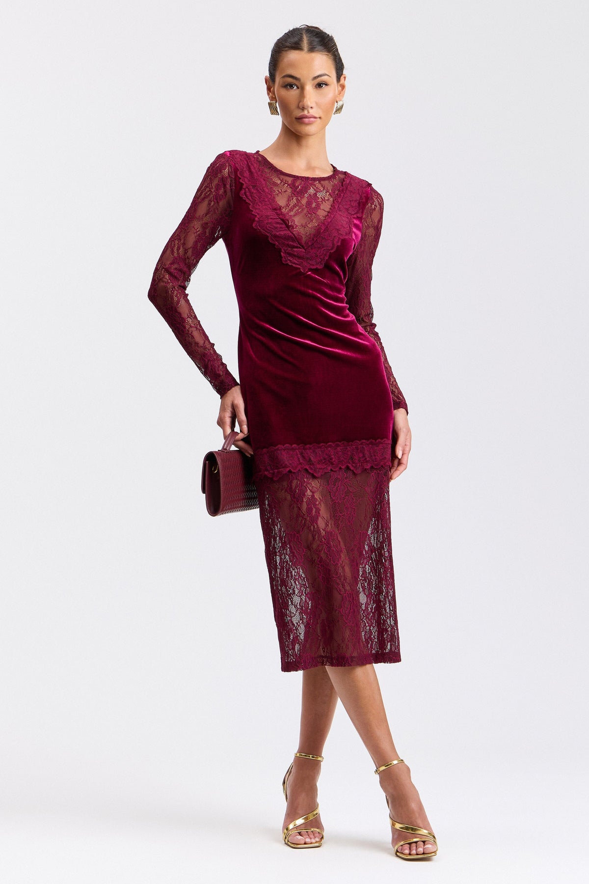 long-sleeve burgundy red lace dress with V-neck - Shop designer women's cute midi dresses by Avec Les Filles.