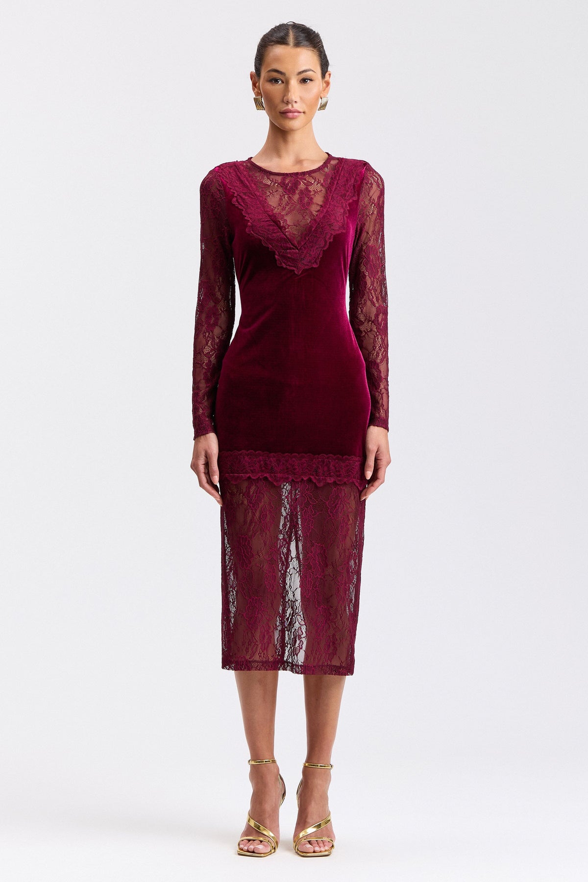 Lace long-sleeve burgundy midi red velvet dress with deep V-neck - Shop cute midi dresses by Avec Les Filles.