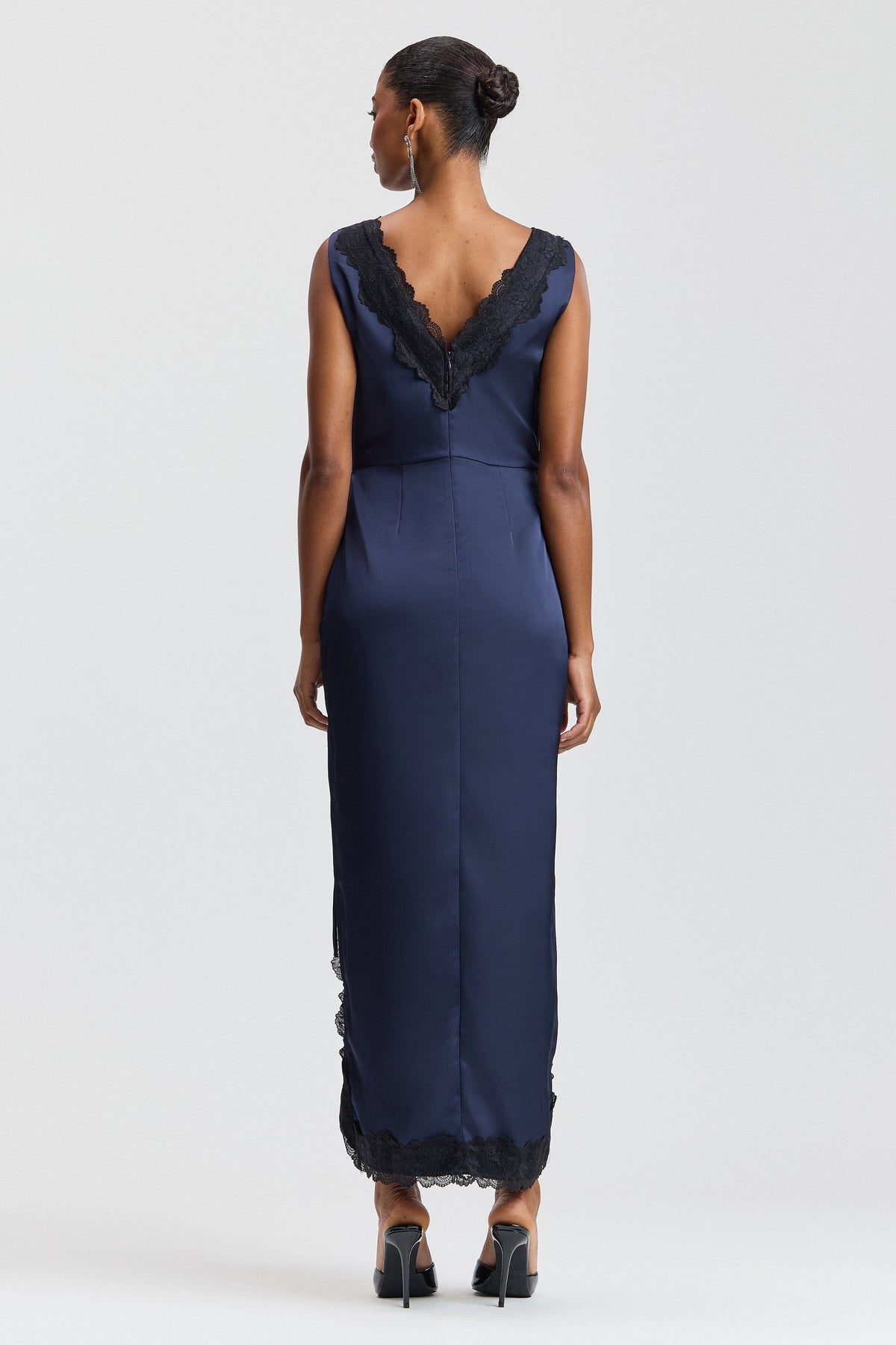 Sleeveless navy blue satin wrap dress - Shop designer women's cute satin maxi dresses by Avec Les Filles.