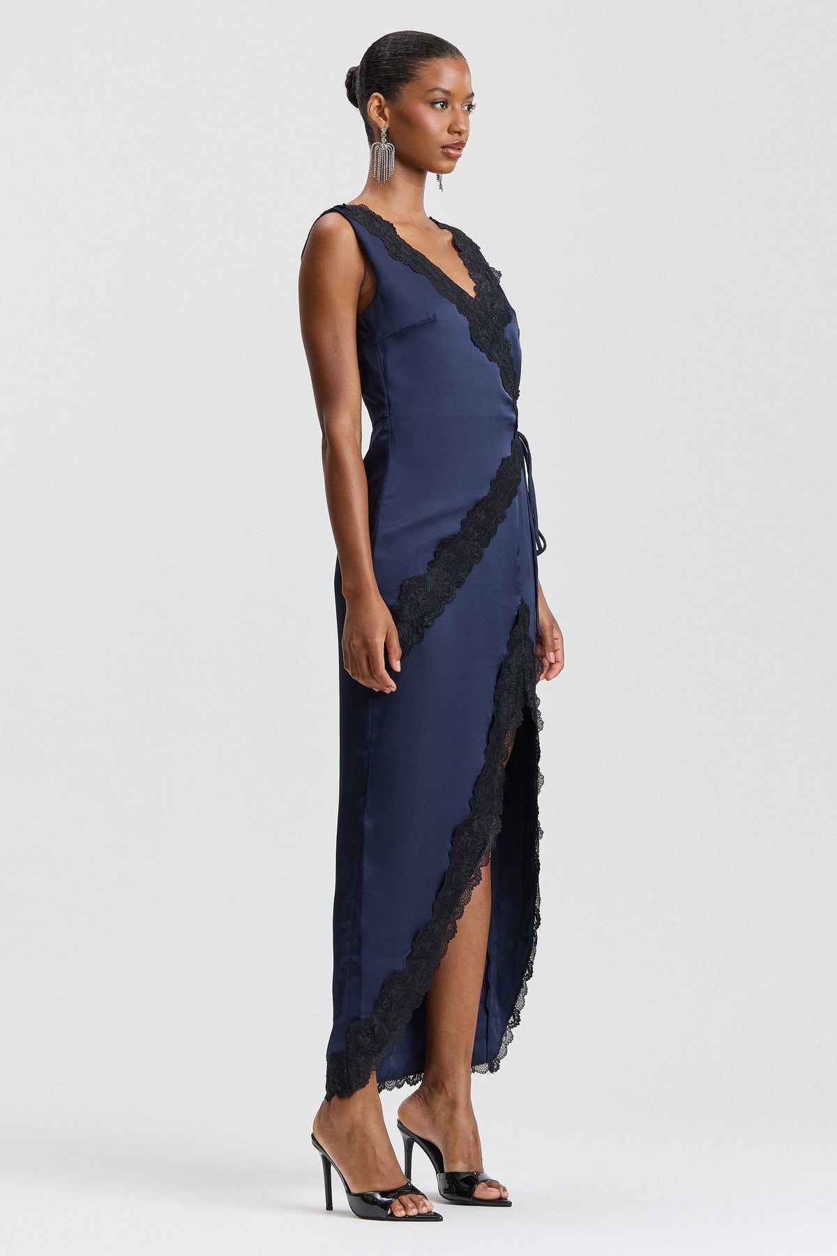 Navy blue dress satin lace with a deep V-neckline - Shop designer women's cute satin maxi dresses by Avec Les Filles.