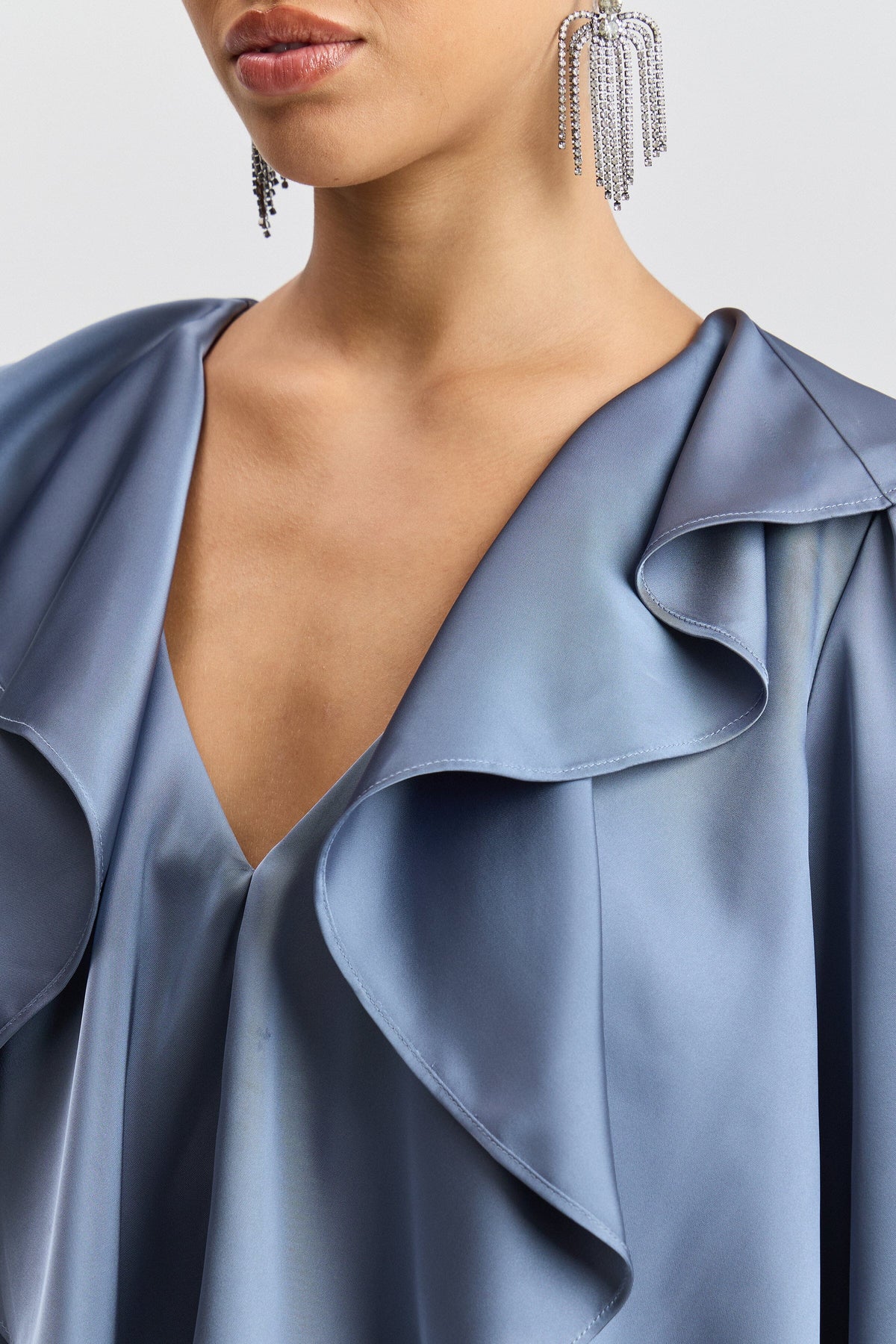 Satin ruffle V-neck slate blue dress with bell sleeves and an elastic waist - Shop women's mini dresses by Avec Les Filles.