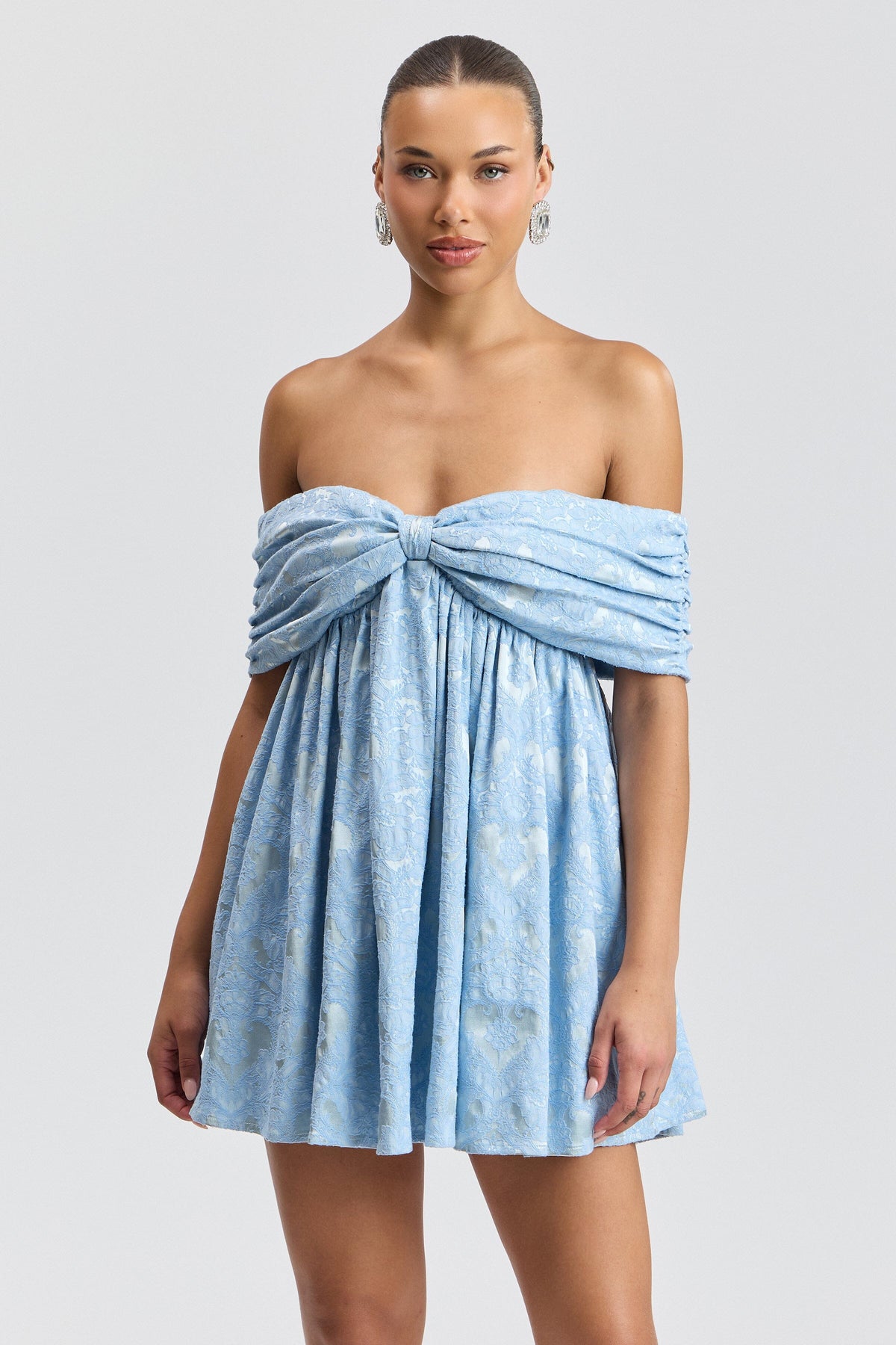 Jacquard off-shoulder knot front mini blue romper with an empire waist - Shop women's rompers by Avec Les Filles. 