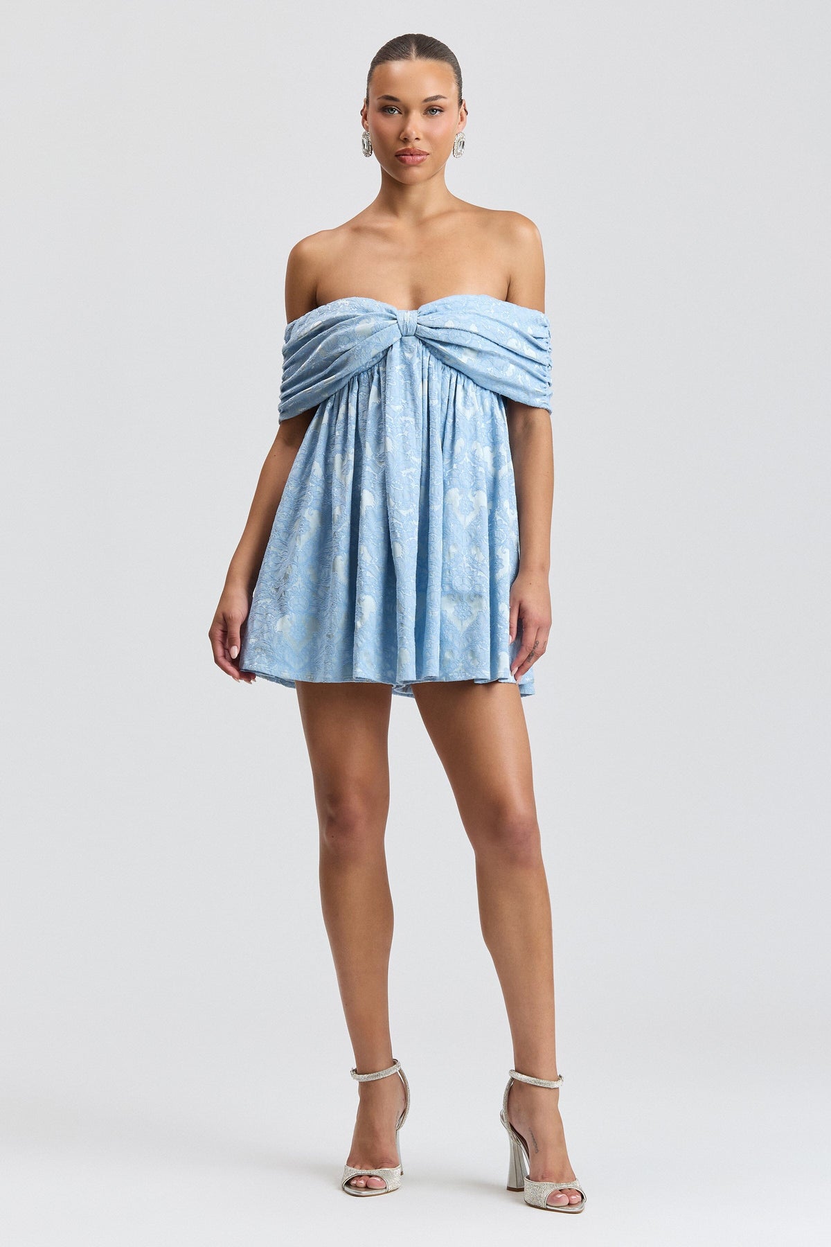 Jacquard off-shoulder knot front mini blue romper with an empire waist - Shop women's rompers by Avec Les Filles. 