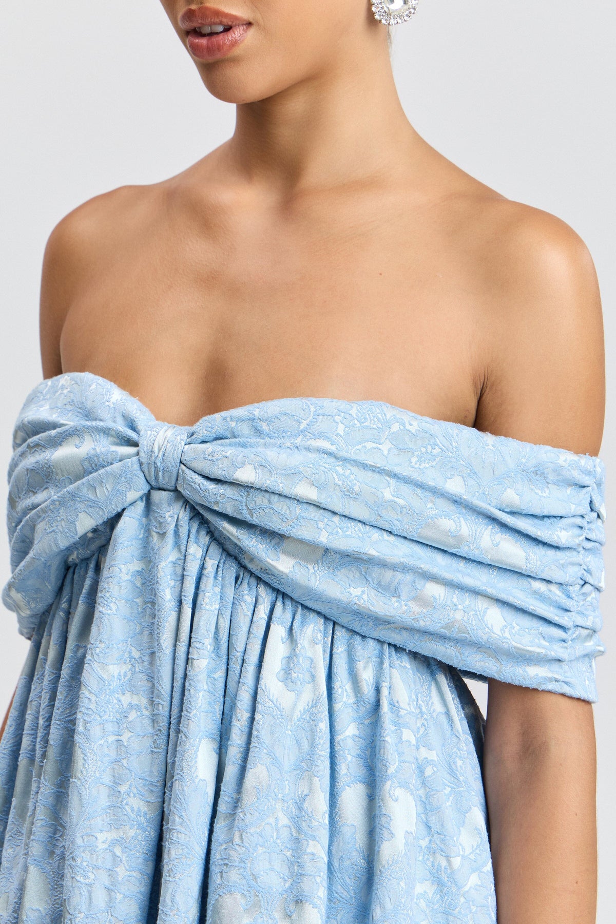 Jacquard off-shoulder knot front mini blue romper with empire waist - Shop rompers for women by Avec Les Filles. 