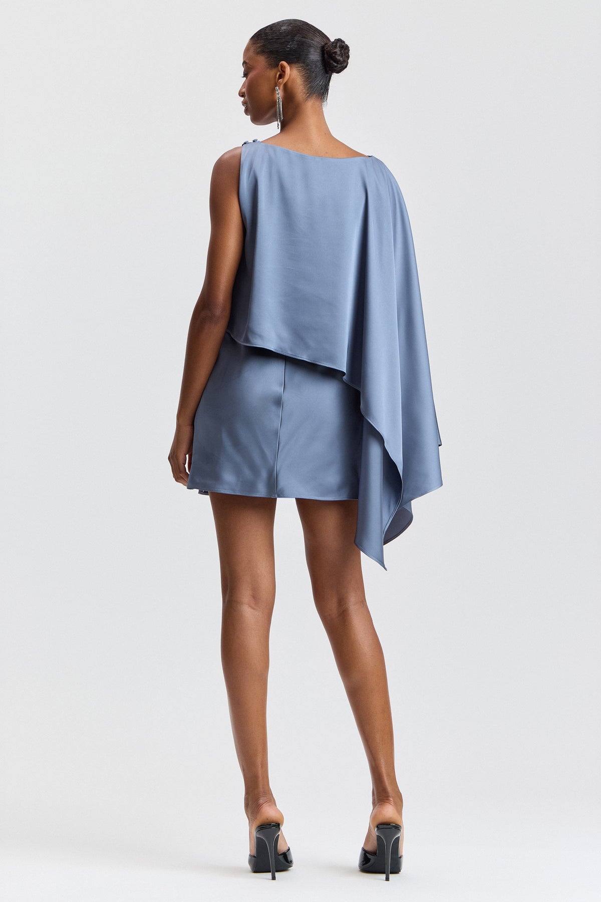 Satin asymmetrical blue cape sleeve dress with a boat neck - Shop women's cute blue mini dresses by Avec Les Filles.
