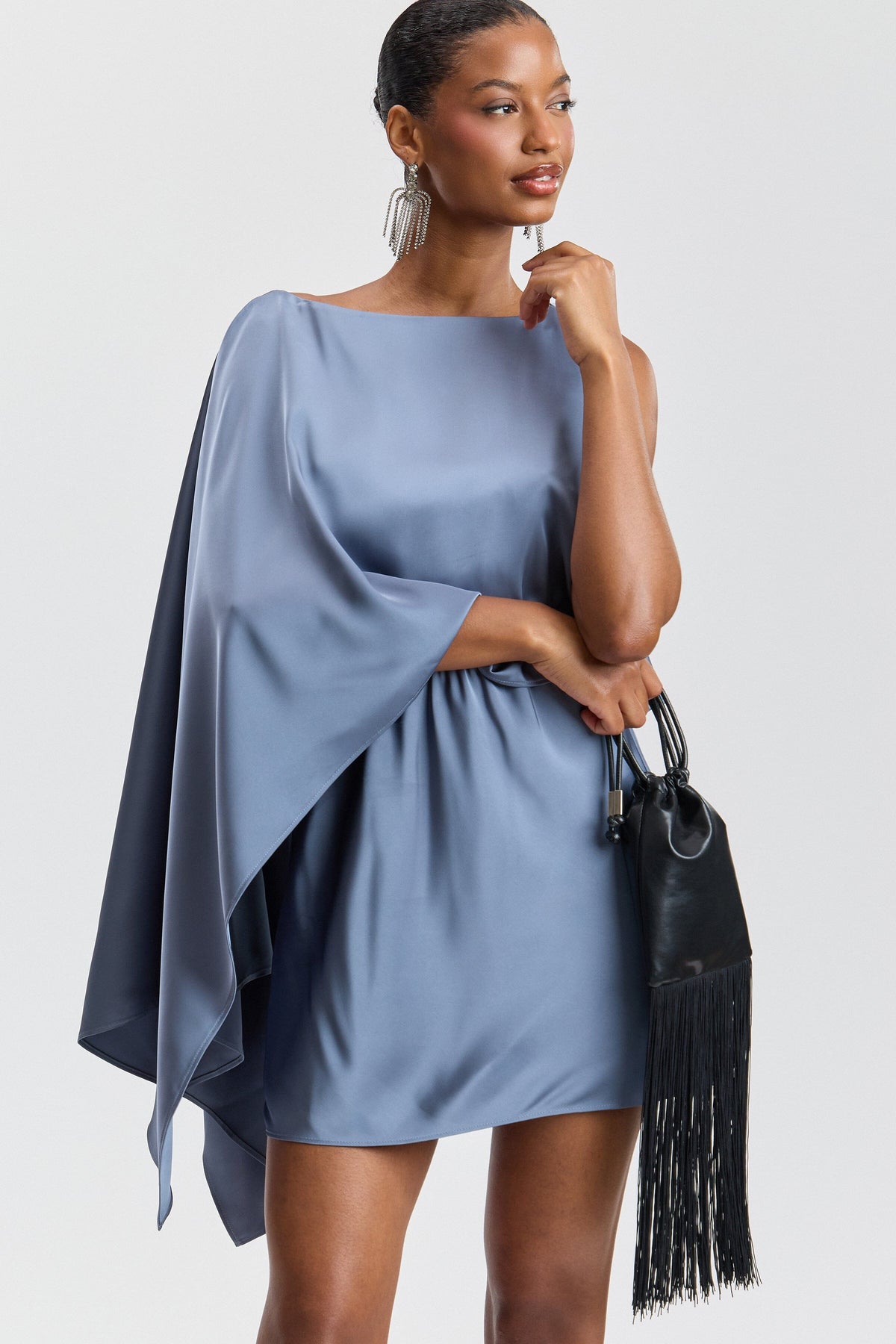 Asymmetrical cape-sleeve blue mini satin dress with a boat neck - Shop women's cute blue mini dresses by Avec Les Filles.