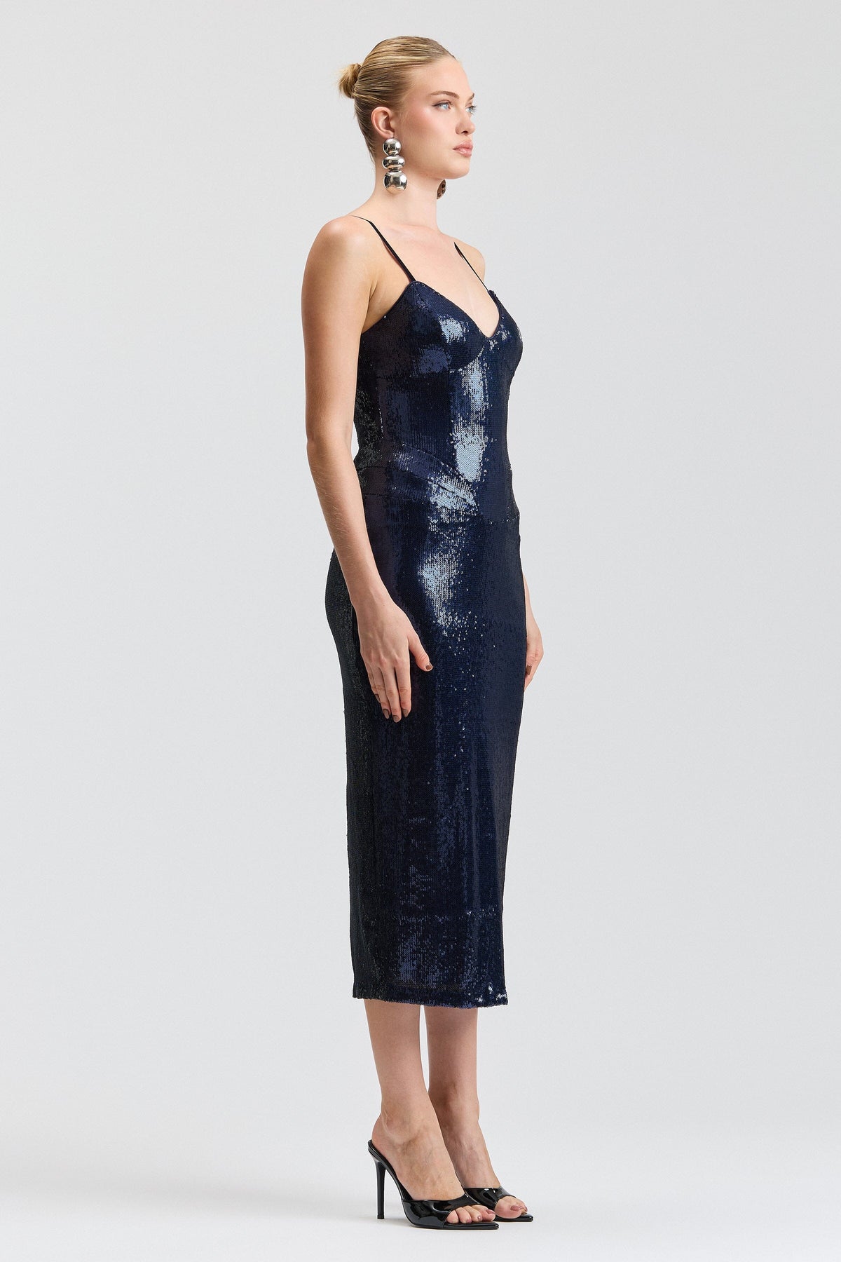 Bustier navy blue sequins dress with velvet adjustable straps - Shop women's midi sequins dresses by Avec Les Filles.