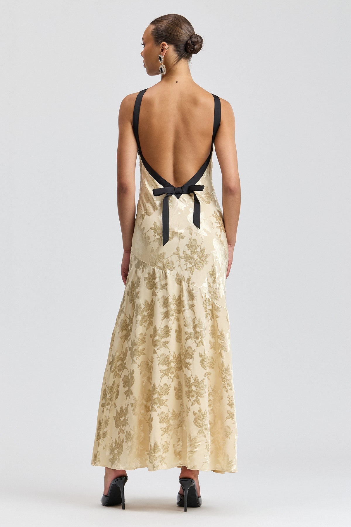 Cream backless maxi dress with black satin straps - Shop designer women's cute backless dresses by Avec Les Filles.