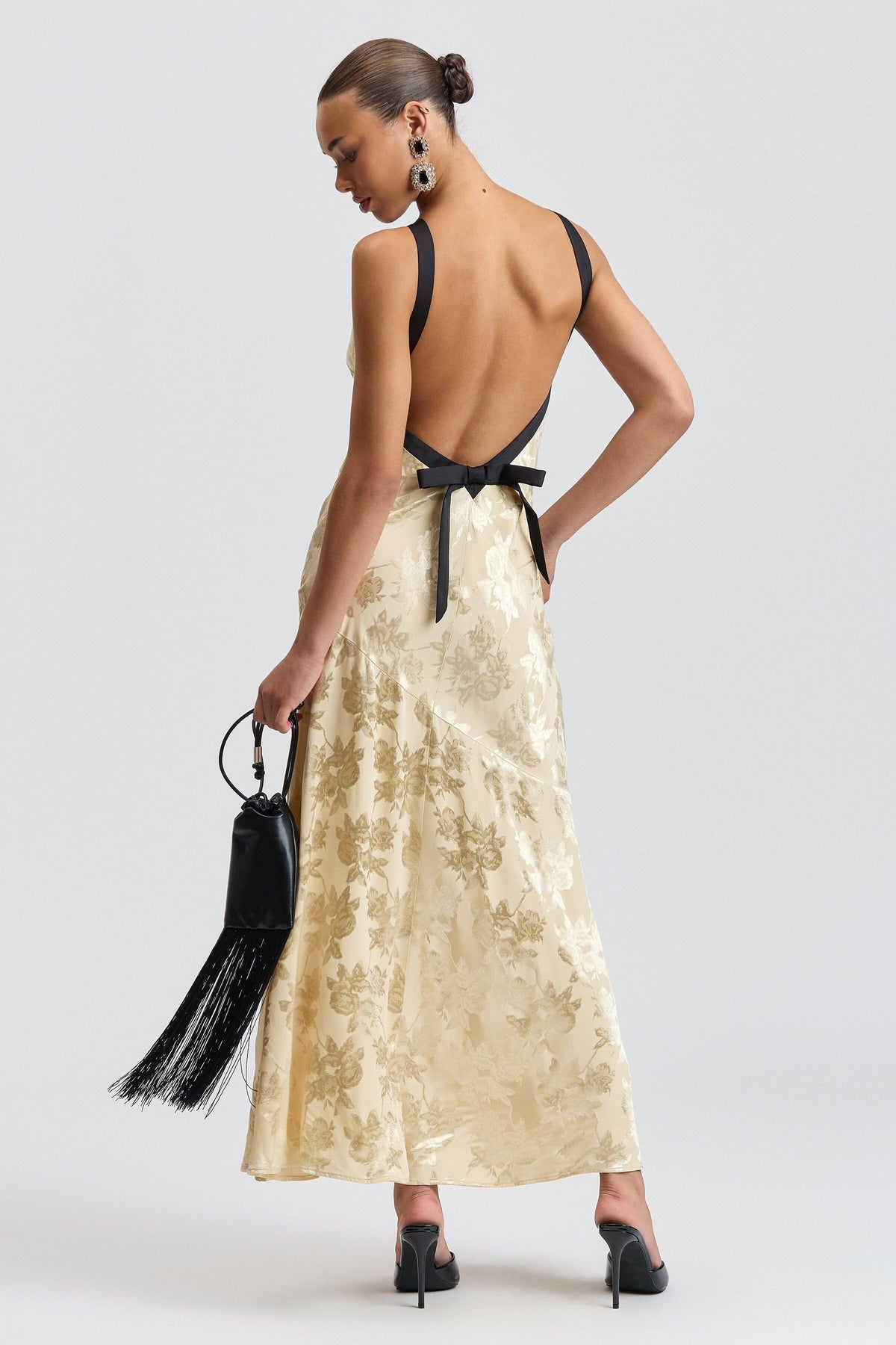 Jacquard sleeveless cream satin maxi dress with black satin straps - Shop cute backless dresses by Avec Les Filles.