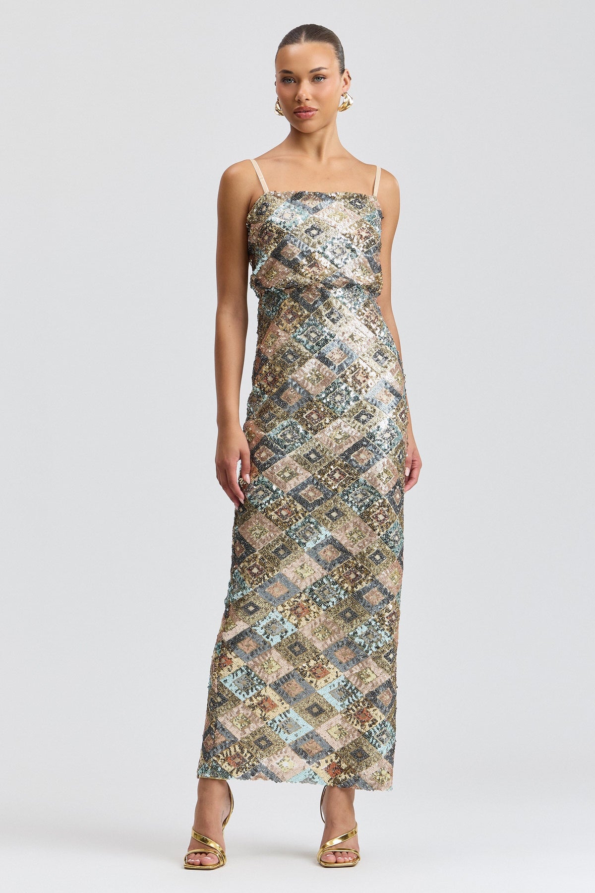 Blue sequin maxi dress with a strapless silhouette and a tie-belt waist. Shop cute sequins dresses by Avec Les Filles.