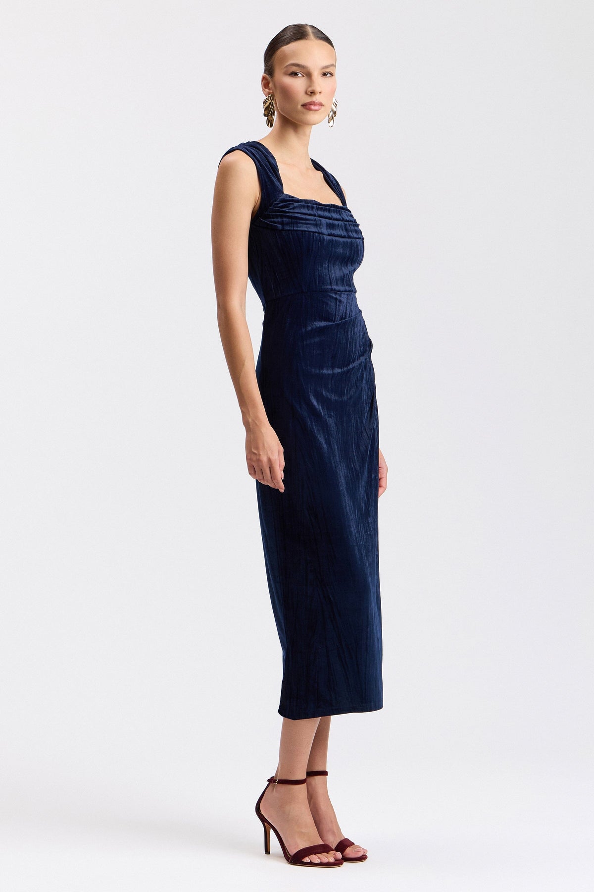 Textured navy blue velvet dress with shoulder straps - Shop women's cute midi dresses by Avec Les Filles.