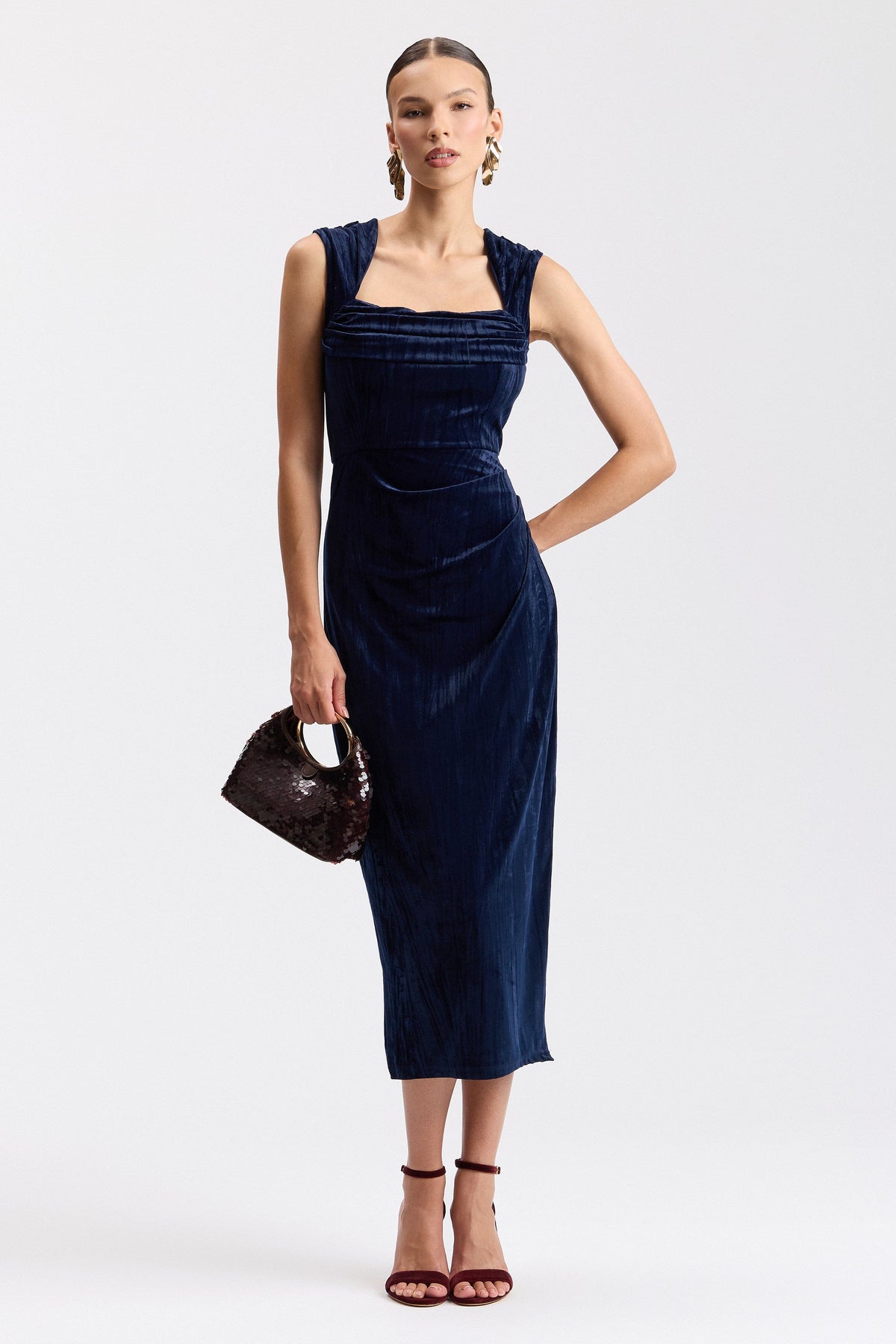 Navy blue velvet dress for women with shoulder straps - Shop designer midi dresses by Avec Les Filles.