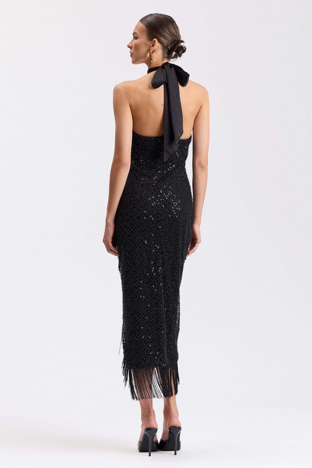 Halter black dress formal with an asymmetrical fringe hem - Shop cute midi dresses by Avec Les Filles.