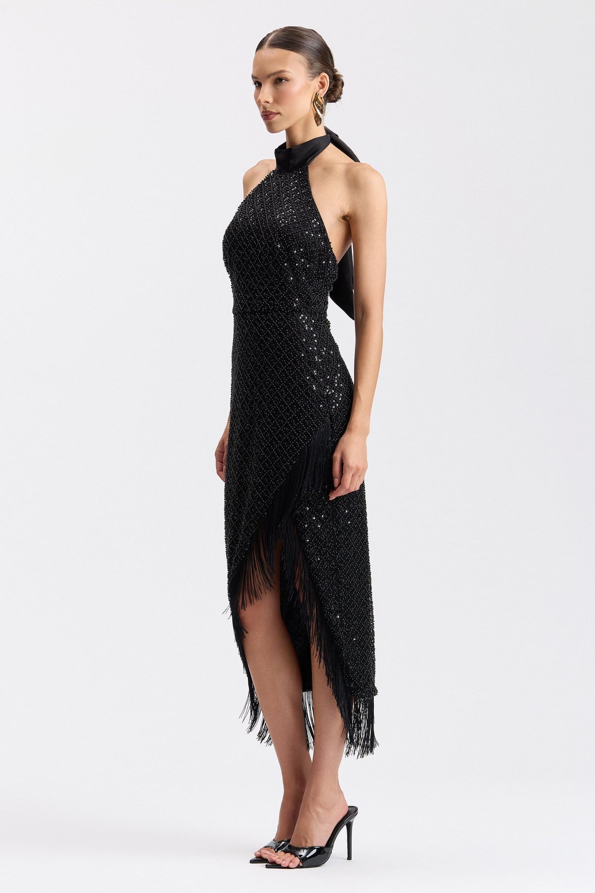 Long black dress halter with asymmetrical fringe hem - Shop cute midi dresses by Avec Les Filles.