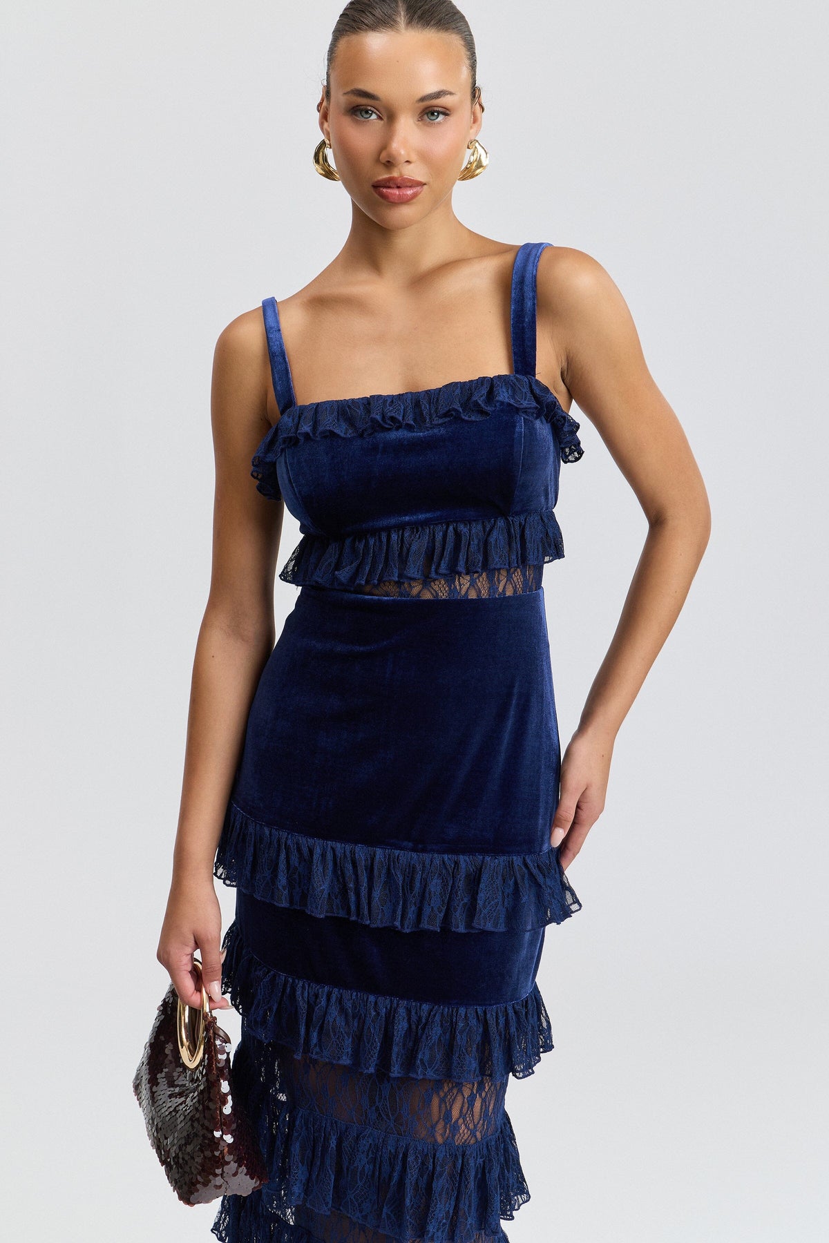 Stretch velvet navy sheer maxi dress with square neck and wide straps. Shop women's maxi dresses by Avec Les Filles.