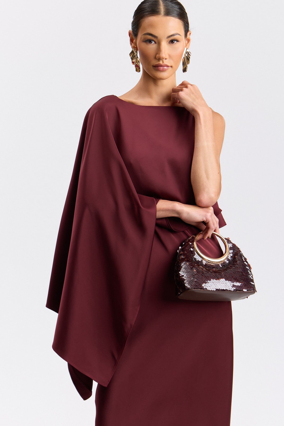 Maxi red satin dress long with a boat neckline - Shop designer women's cute maxi dresses by Avec Les Filles.