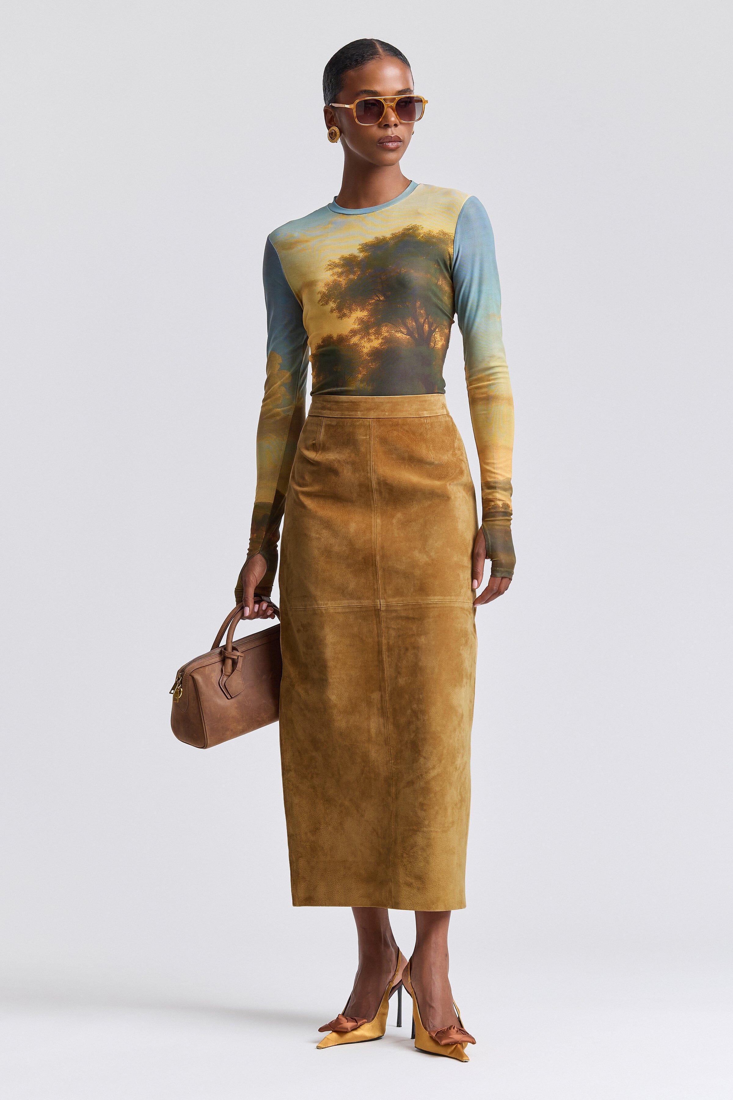Brown fitted faux suede maxi skirt with high waist - Shop women's long maxi pencil skirts by Avec Les Filles.