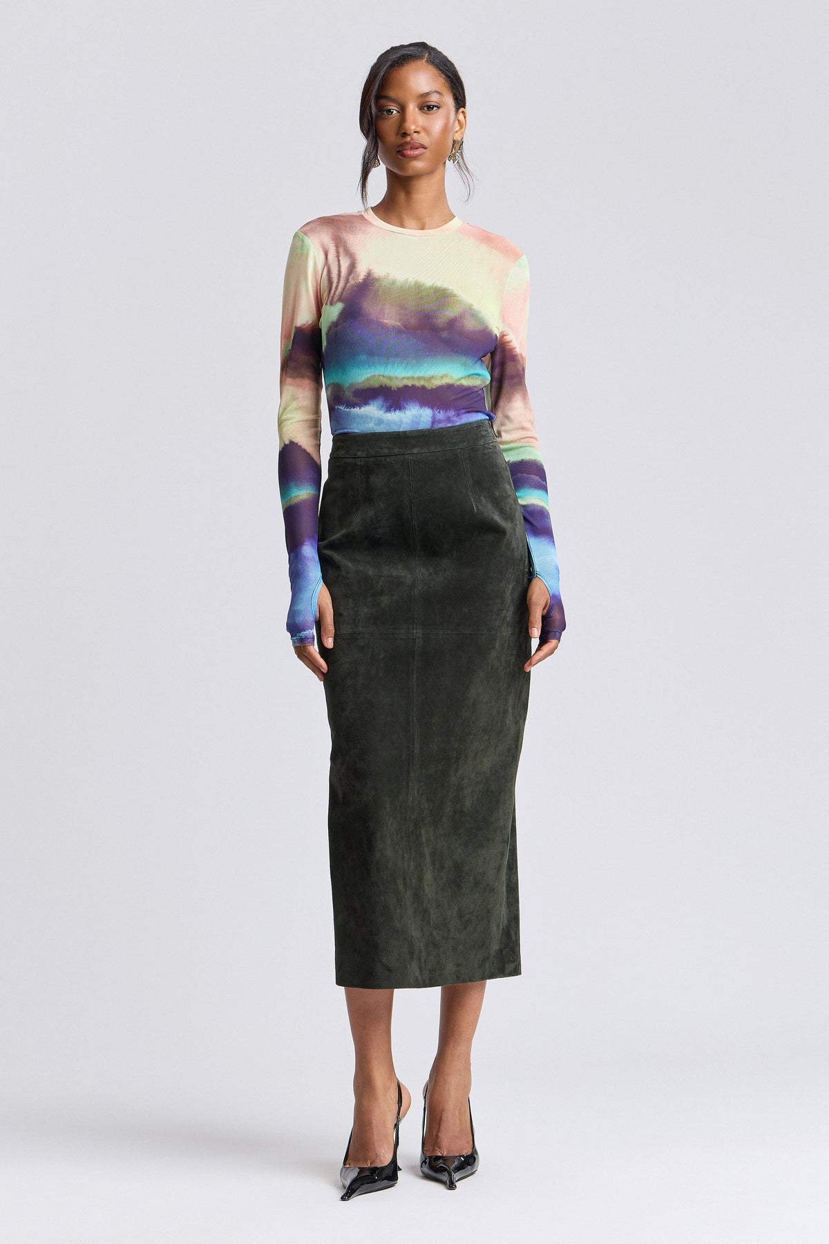 Fitted olive green suede skirt with a high waist - Shop designer women's long maxi pencil skirts by Avec Les Filles.