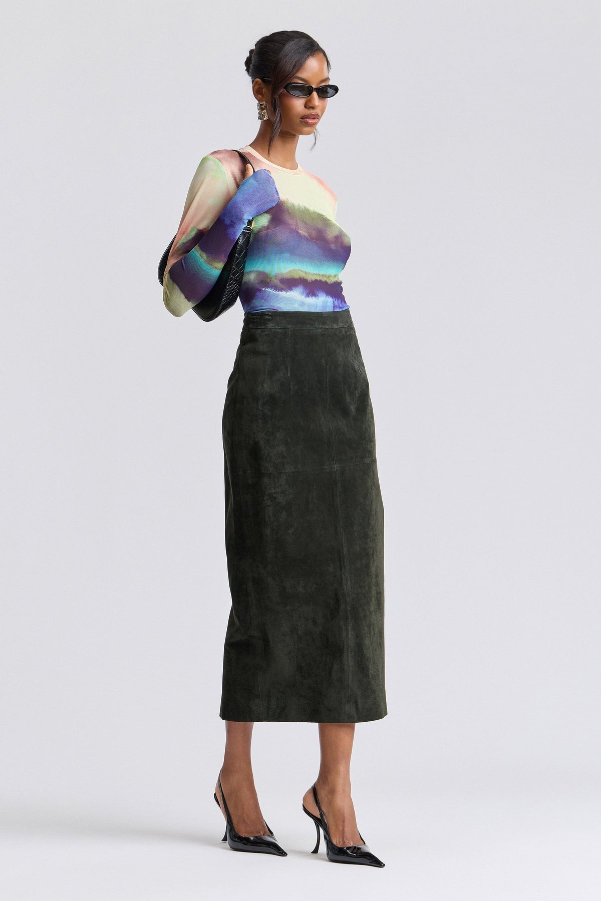 Maxi olive green suede skirt has a high waist - Shop designer women's cute maxi skirts by Avec Les Filles.