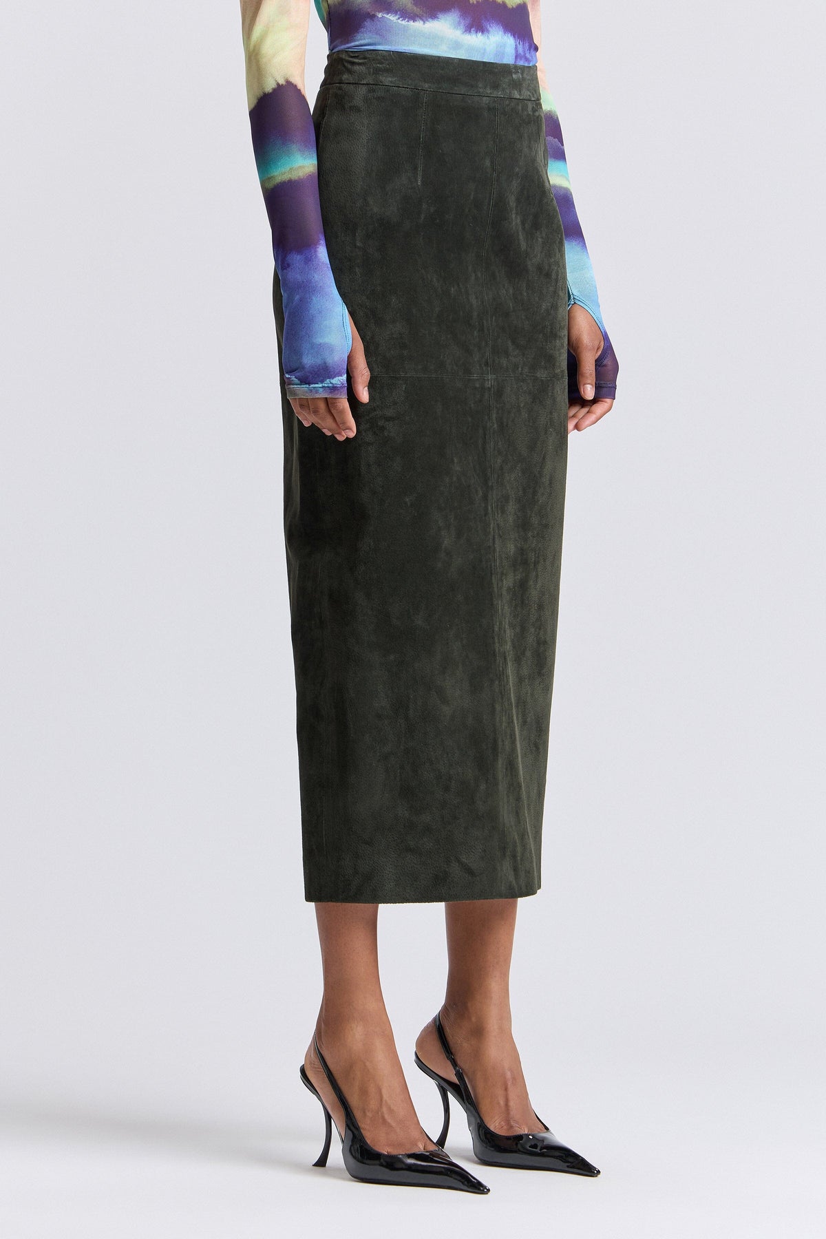 Olive green fitted long pencil skirt has a high waist - Shop designer women's maxi pencil skirts by Avec Les Filles.