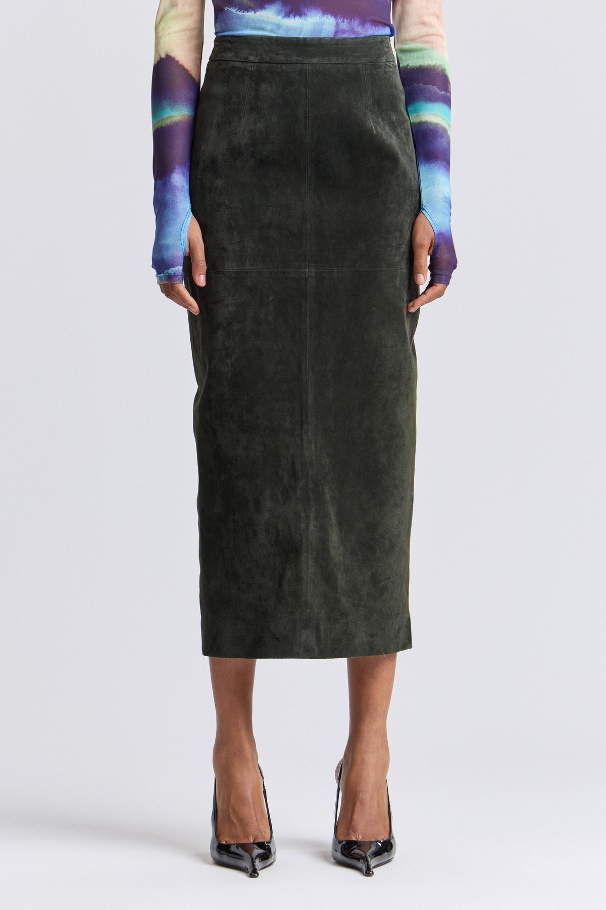 Olive green fitted faux suede maxi skirt has a high waist - Shop women's long maxi pencil skirts by Avec Les Filles.
