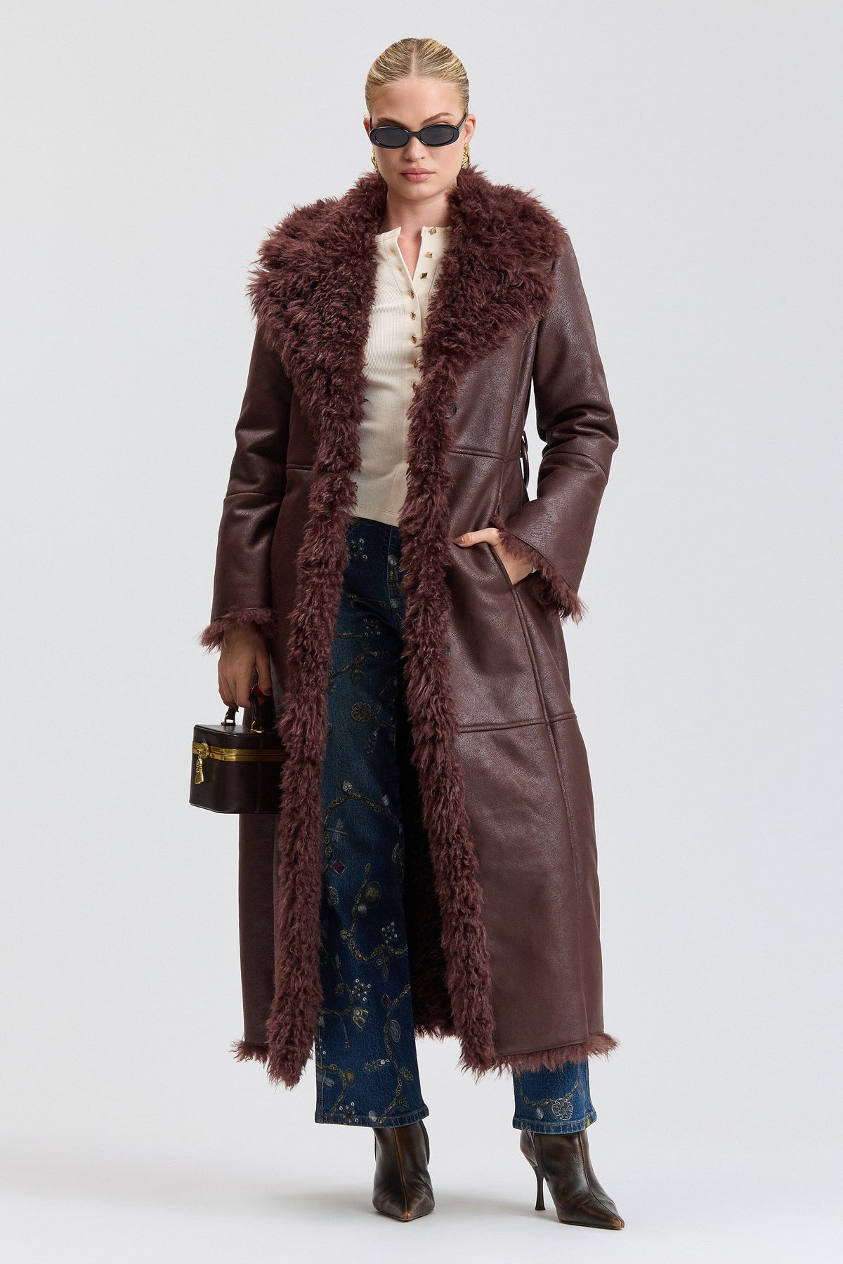 Brown belted coat faux shearling with an oversized collar - Shop women's cute long brown coats by Avec Les Filles.