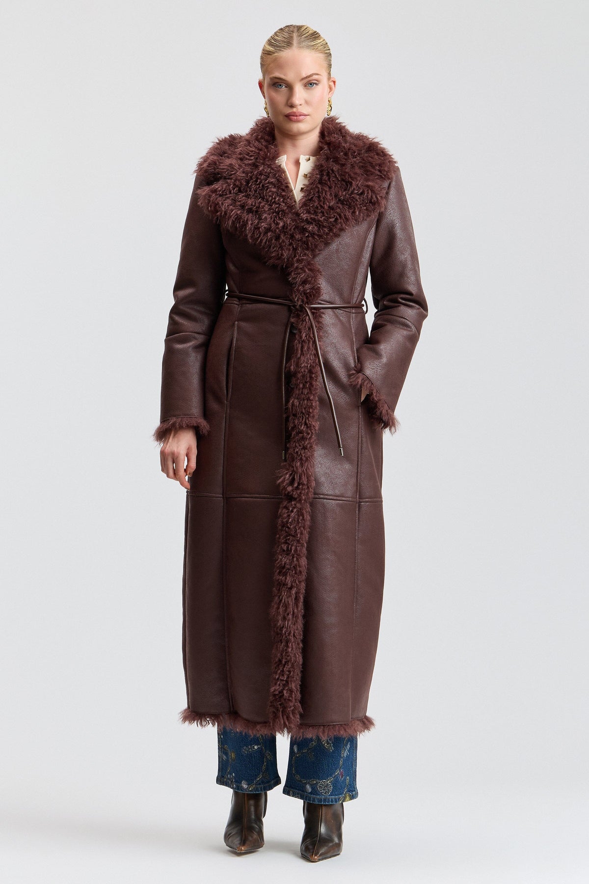 Belted faux long brown coat with an oversized collar - Shop women's cute brown coats by Avec Les Filles.