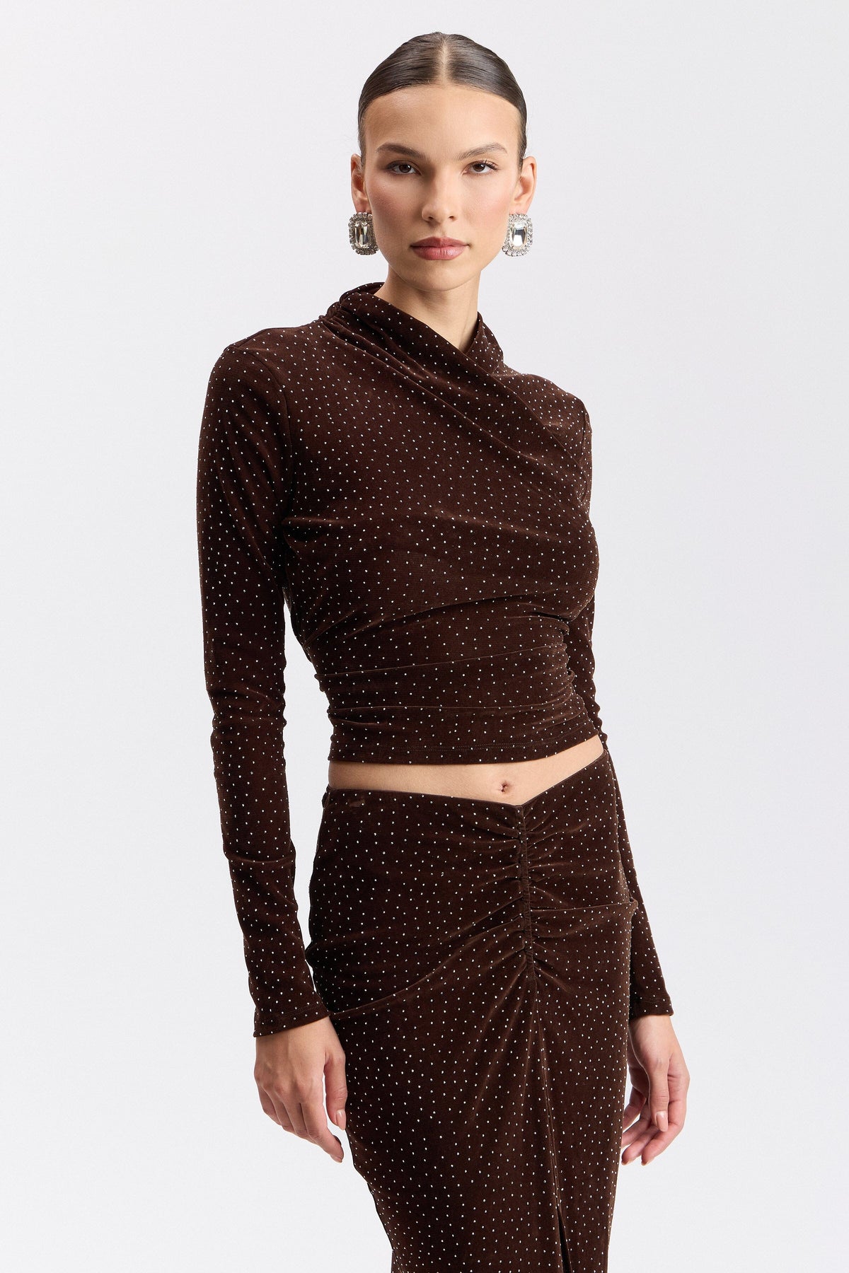 Knit wrap neck brown long sleeve top with sequins - Shop designer women's cute sequin tops by Avec Les Filles.