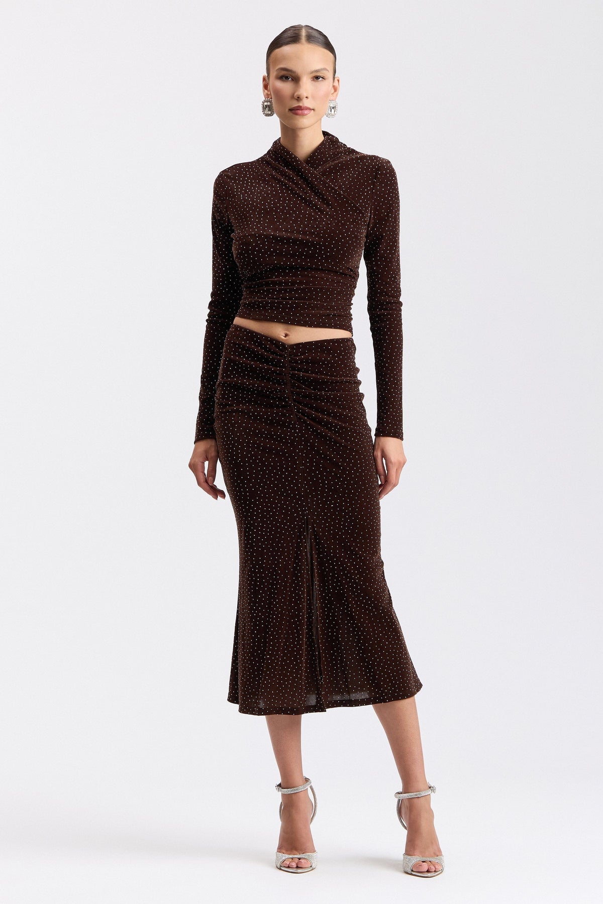 Knit wrap neck brown sequin long sleeve top - Shop designer women's cute sequin tops by Avec Les Filles.