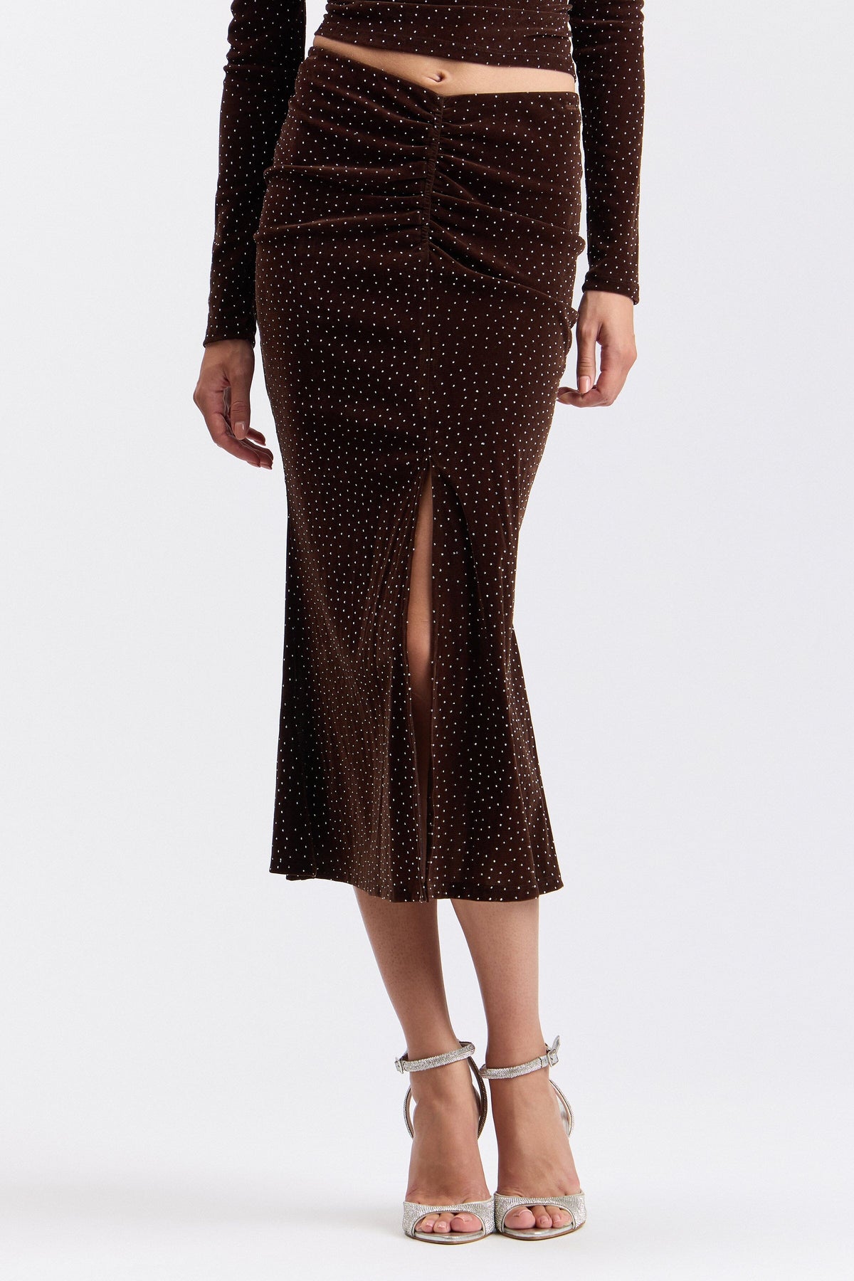 Knit ruched midi brown sequin skirt with a V-waist - Shop women's cute sequin midi skirts by Avec Les Filles.