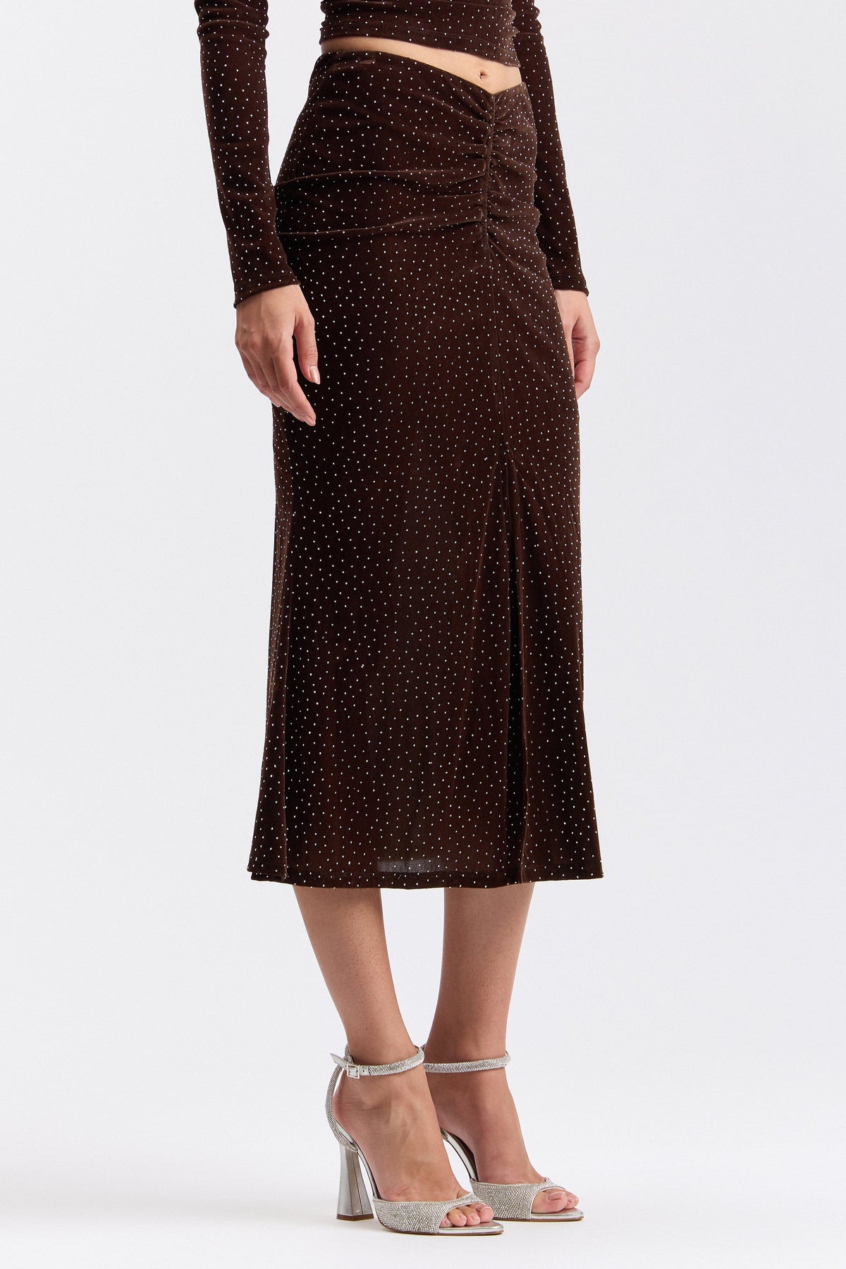 Knit ruched brown midi skirt with a V-waist - Shop designer women's cute sequin midi skirts by Avec Les Filles.