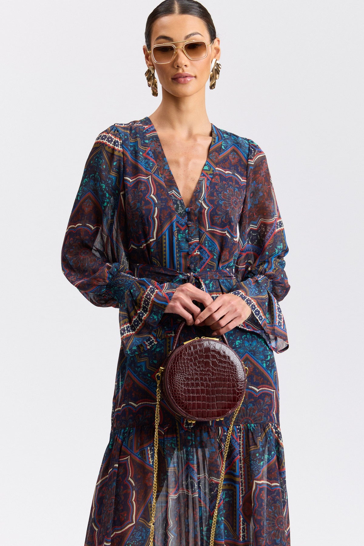 Printed chiffon purple maxi dress with a deep V-neck - Shop designer women's cute maxi dresses by Avec Les Filles.