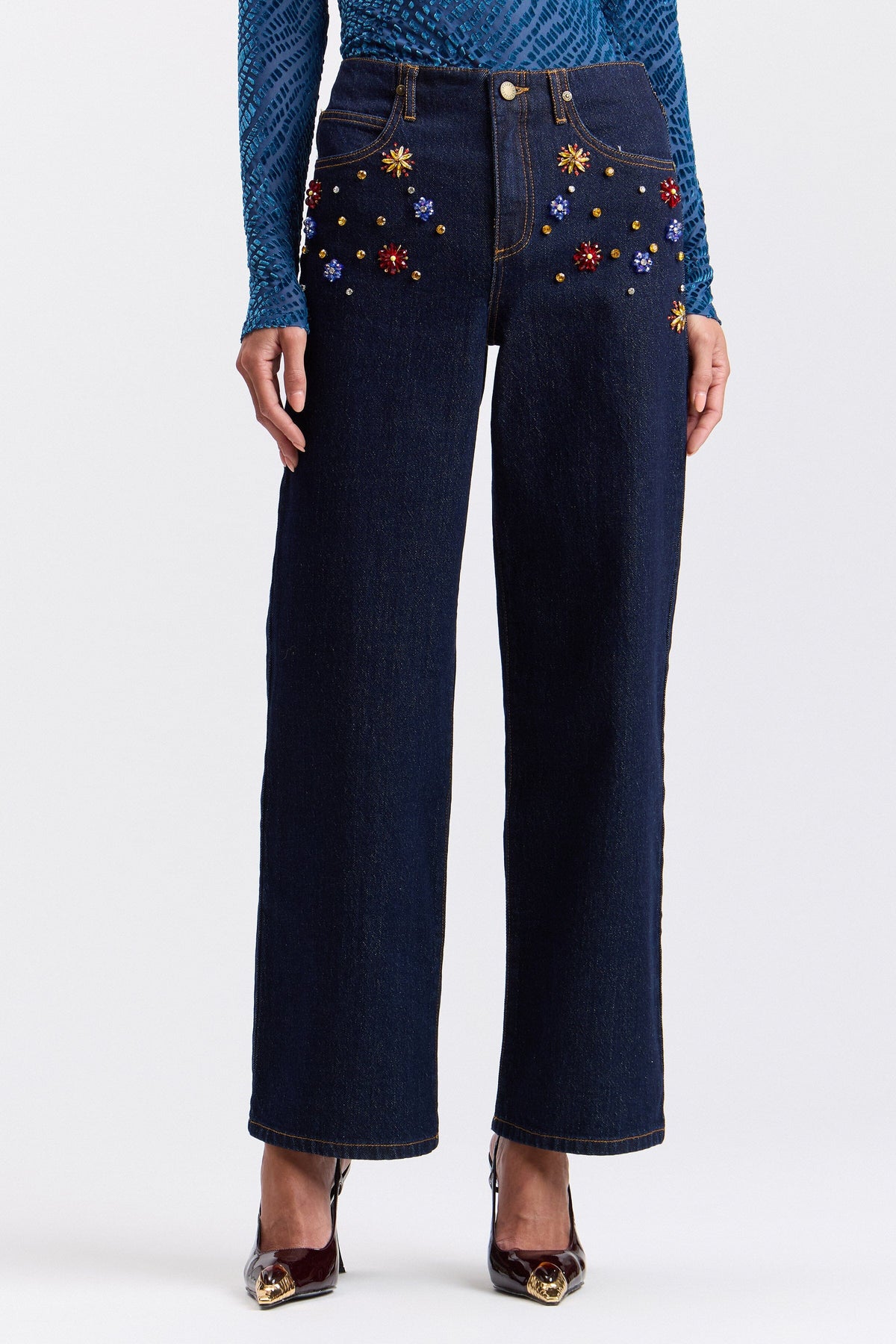 Stretch denim wide-leg jeans rhinestone in cotton blend - Shop cute rhinestone jeans by Avec Les Filles.