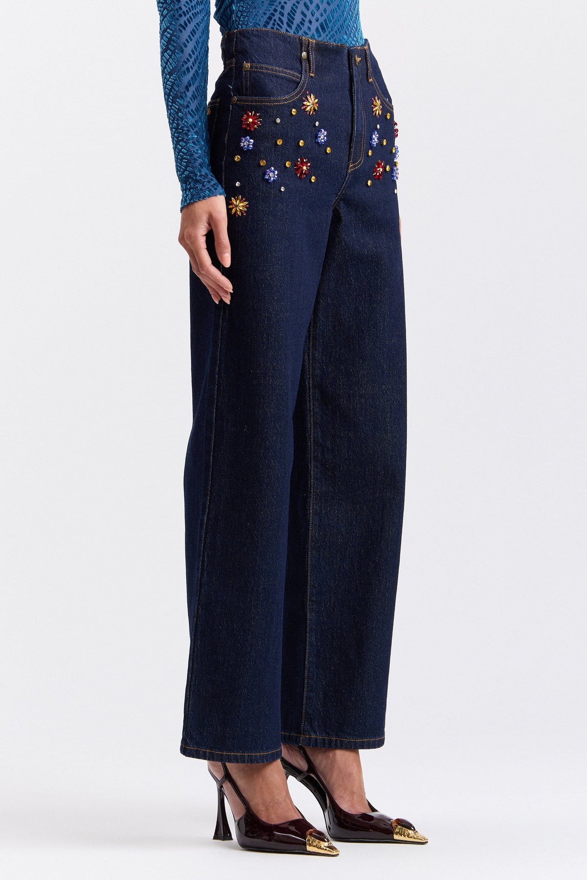 Stretch denim rhinestone wide-leg jeans in a cotton blend - Shop cute rhinestones jeans by Avec Les Filles.