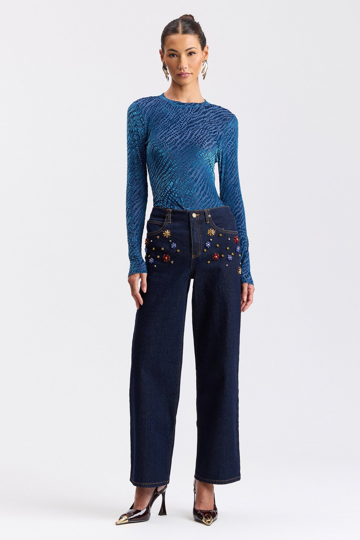 Stretch denim rhinestone wide leg jeans - Shop designer women's cute rhinestone jeans by Avec Les Filles.